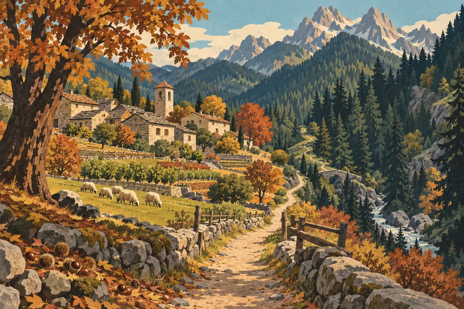 Stone village in autumn among pastures, sheep and pine trees, with a winding path leading toward high mountains