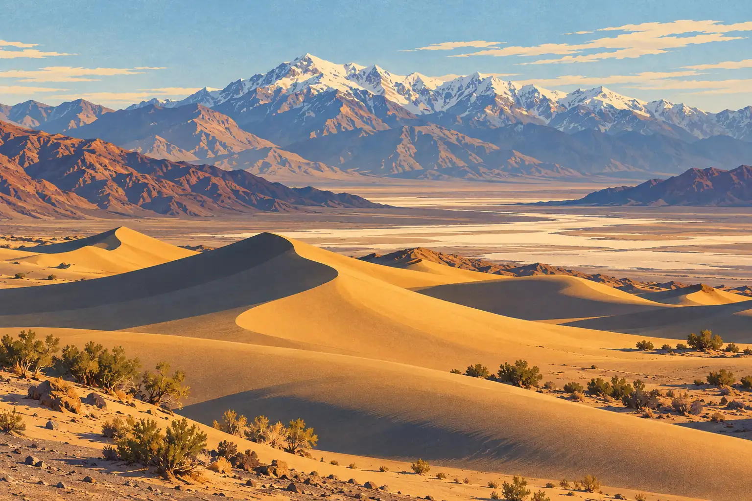 Dunes de sable doré parsemées d’arbustes, devant une vaste plaine aride et une chaîne de montagnes enneigées
