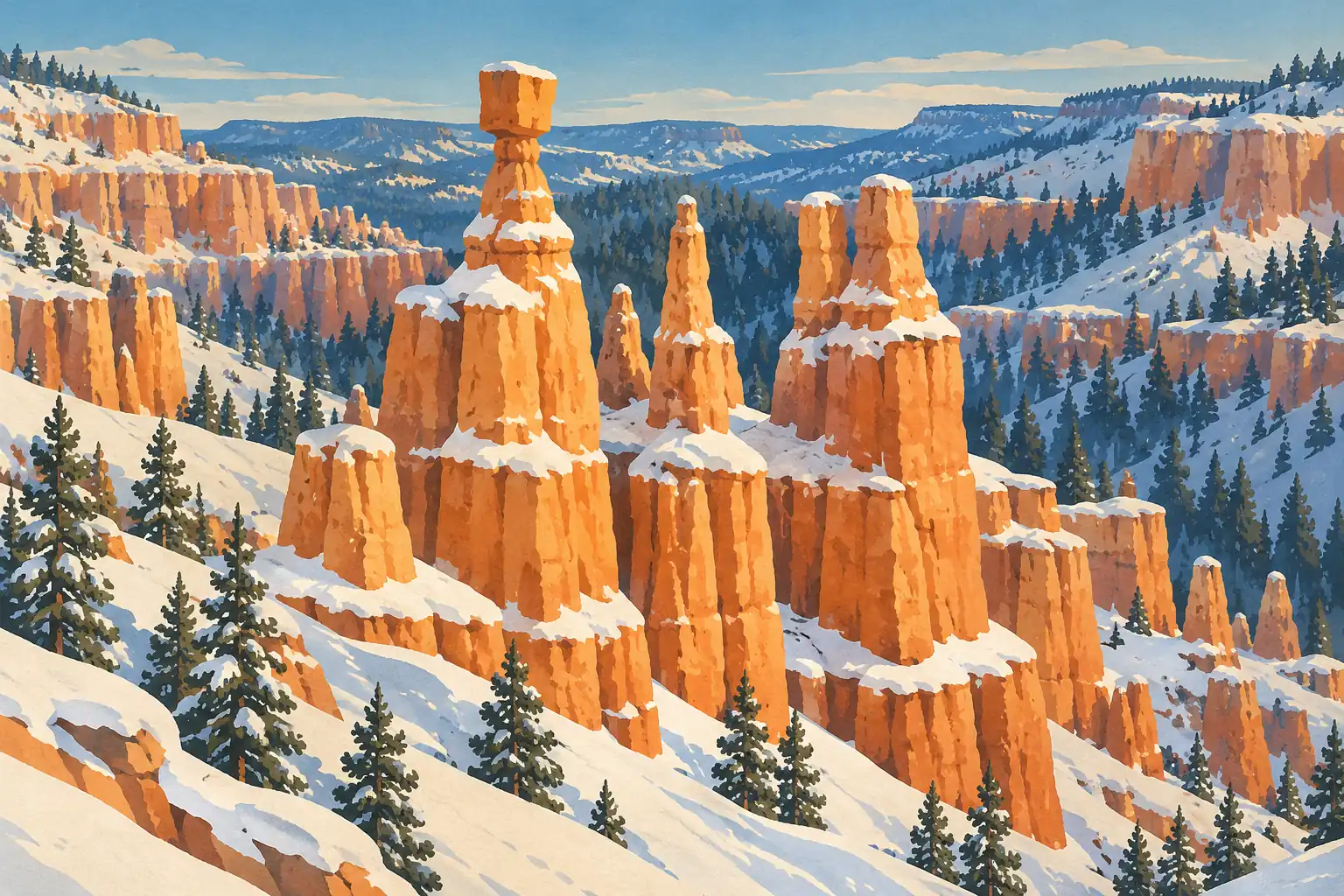 Des cheminées de roche orange couvertes de neige se dressent dans un canyon bordé de falaises et de conifères