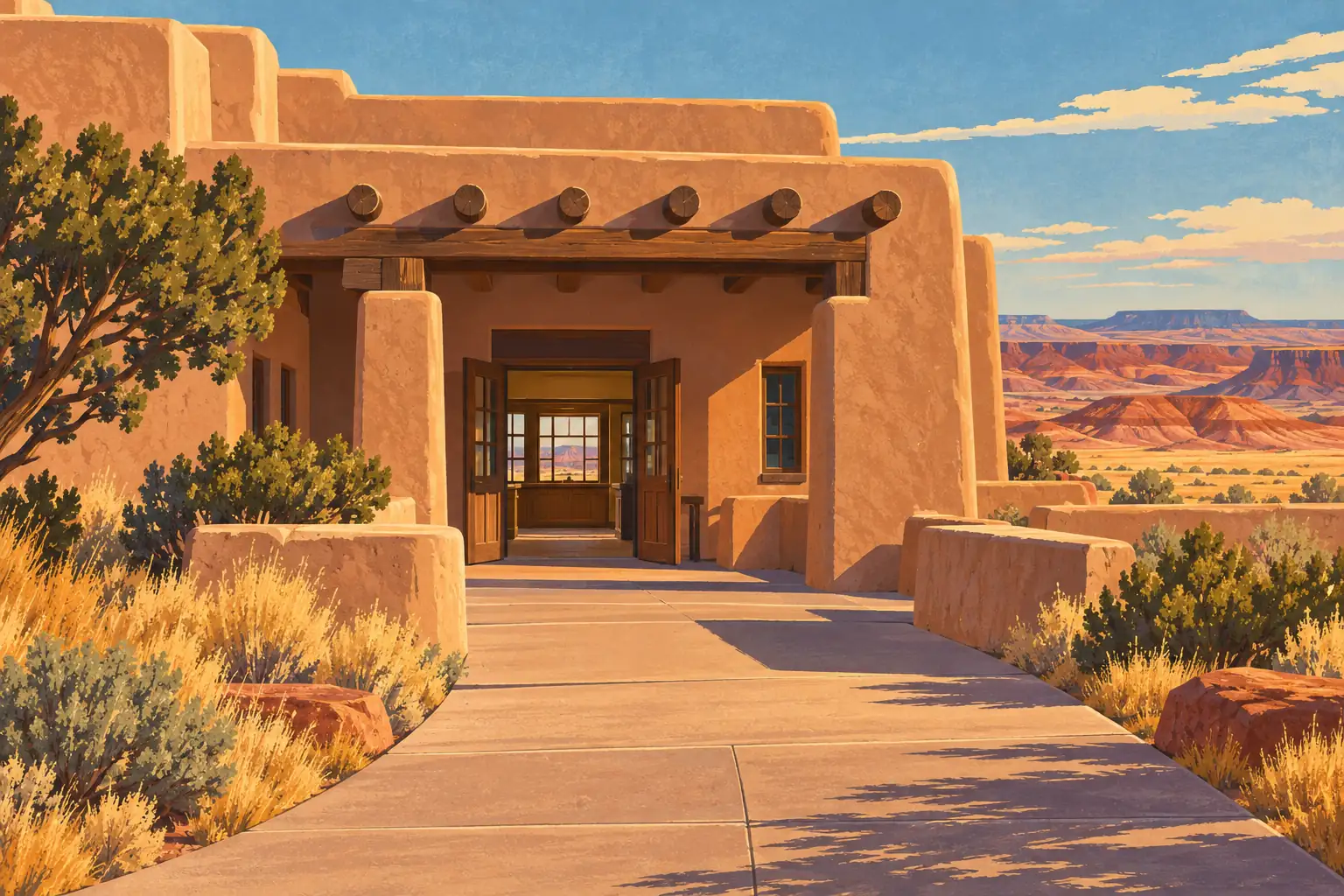 Une allée mène aux portes ouvertes d’un bâtiment en terre ocre, entouré d’arbustes, avec des mesas désertiques au loin