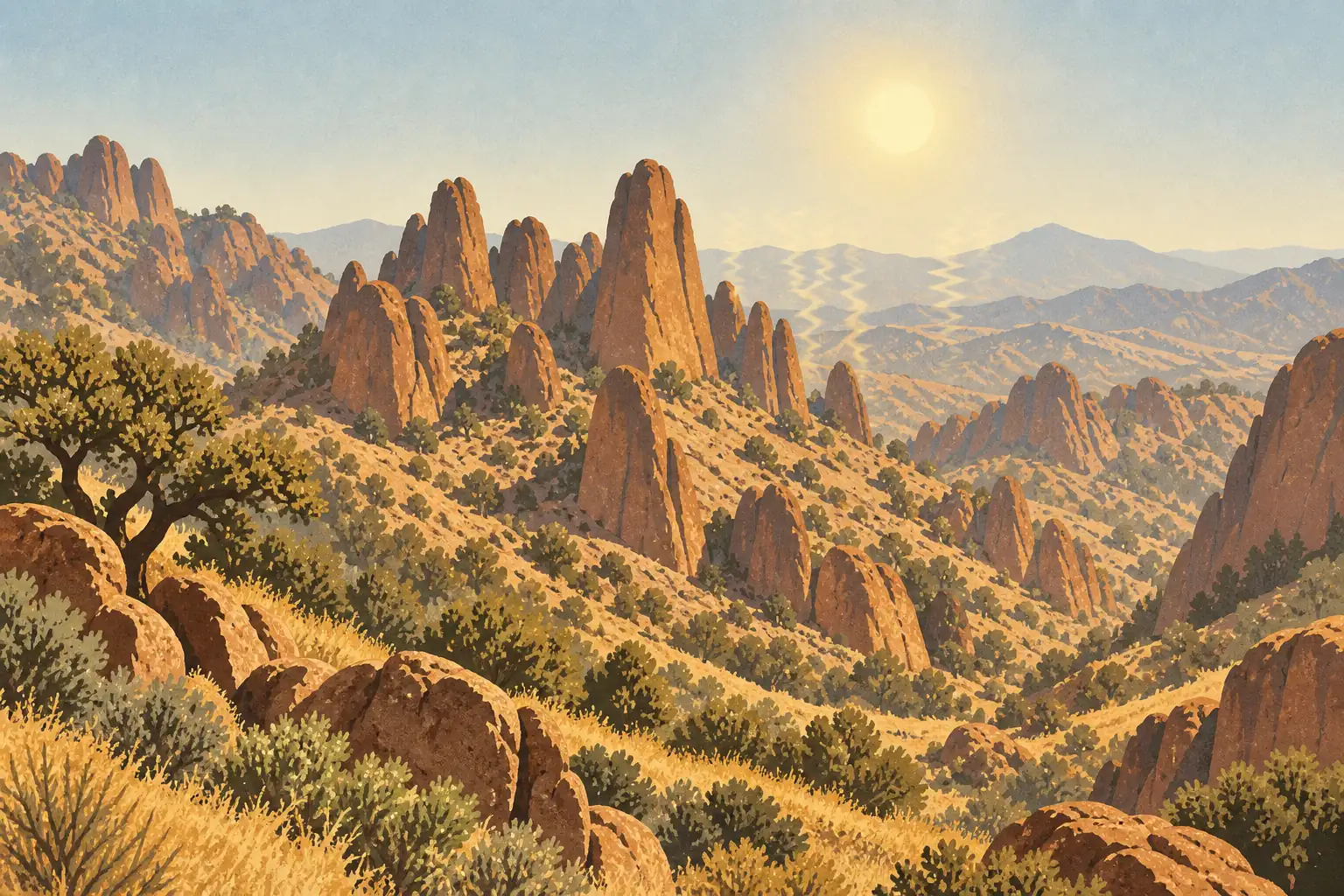 Arid landscape of orange rock spires and scattered shrubs beneath a hazy sun above distant mountains