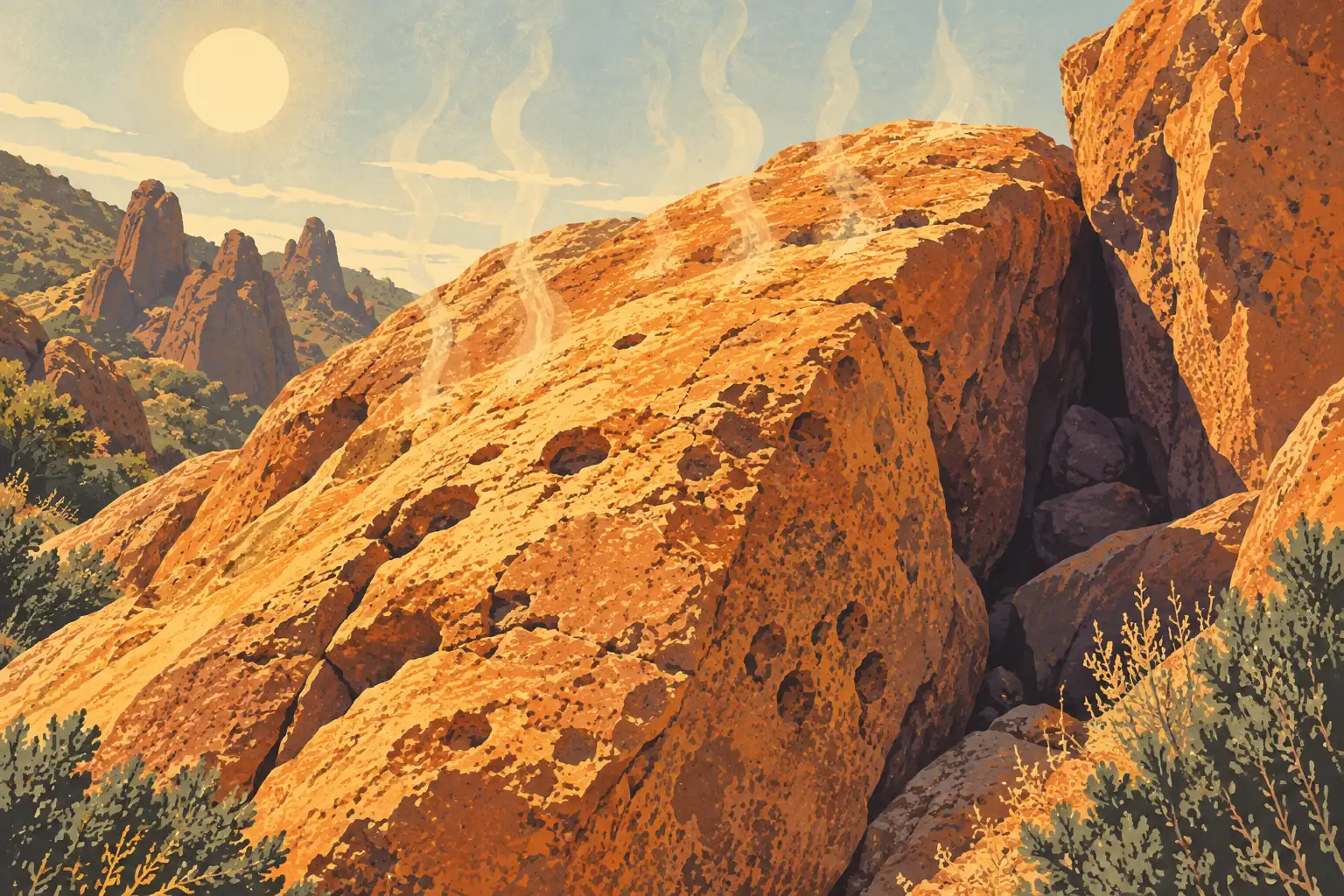 Massive sun-heated orange boulders among scrub, with rocky spires in the distance and heat rising into the sky