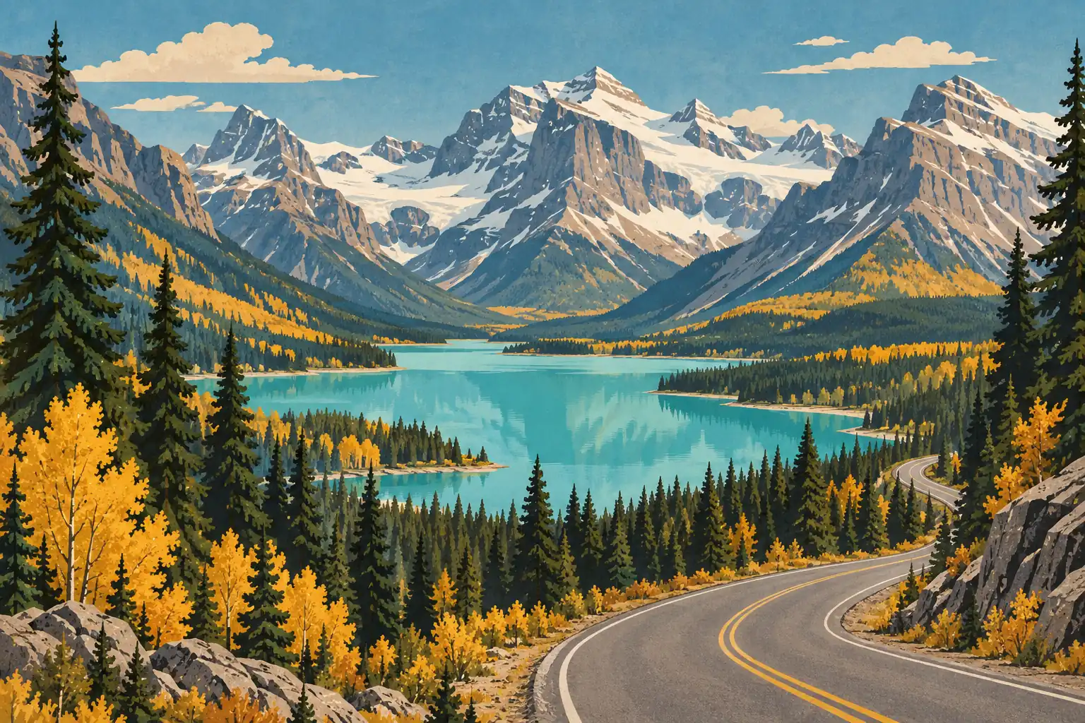 Winding road through evergreens and golden autumn trees beside a turquoise lake beneath towering snow-covered peaks