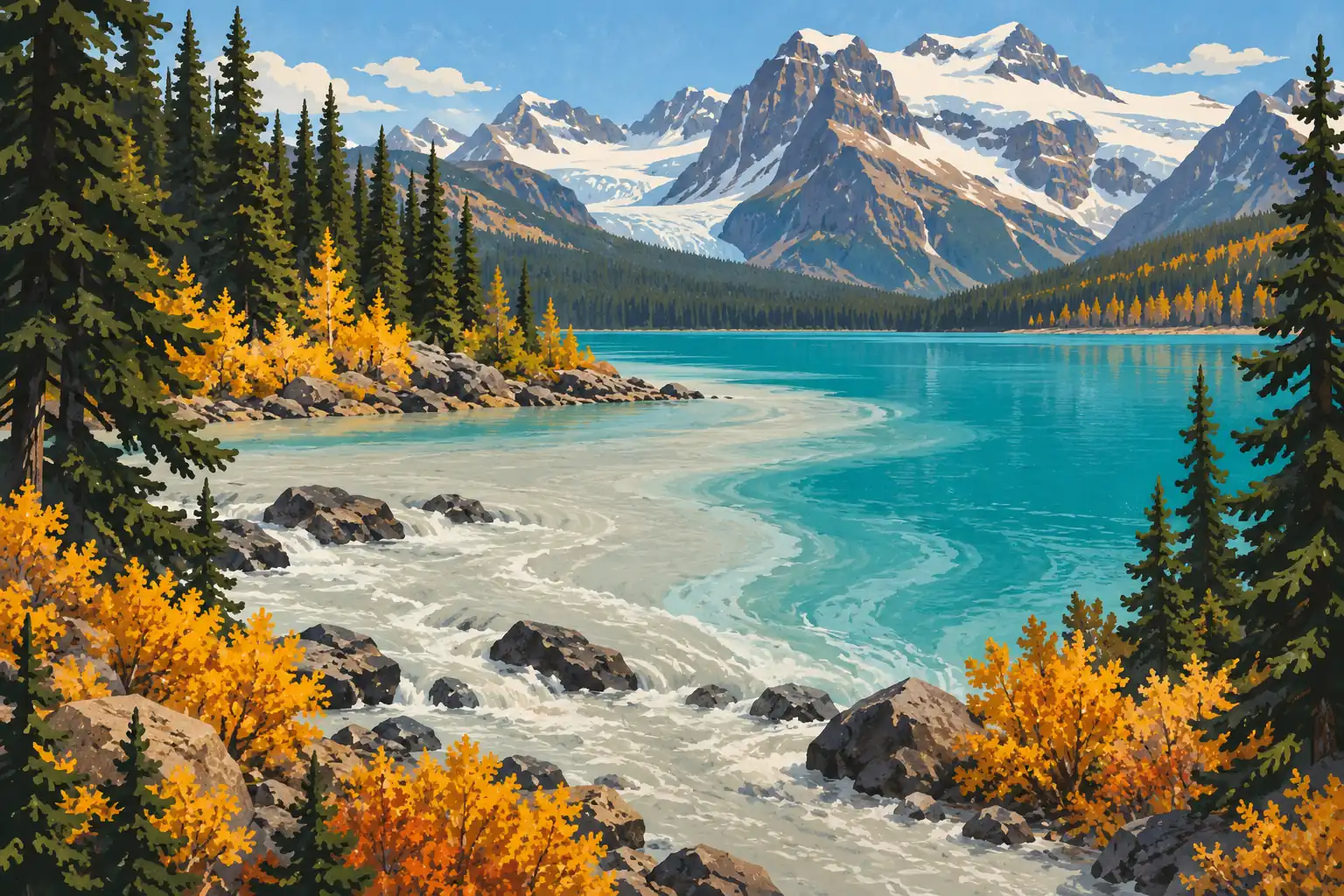 Turquoise lake edged by evergreens and golden foliage, with rocky shores, glaciers and snow-covered peaks beyond