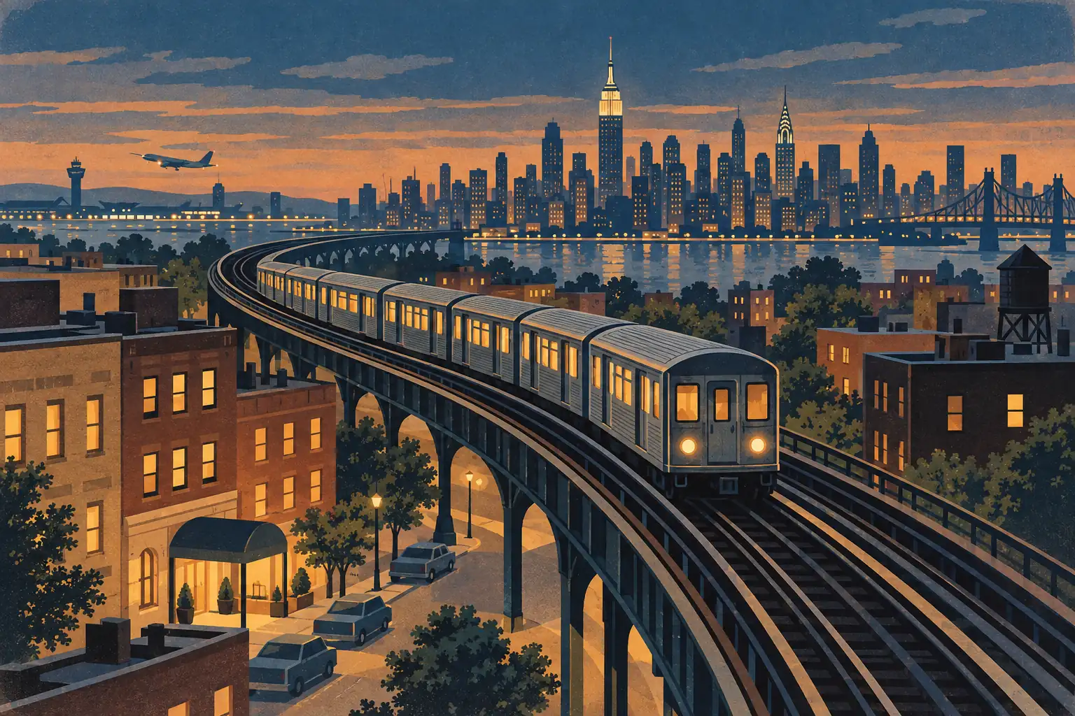 Un metro elevado cruza un barrio al atardecer frente a los rascacielos de Manhattan, con un avión y un puente al fondo