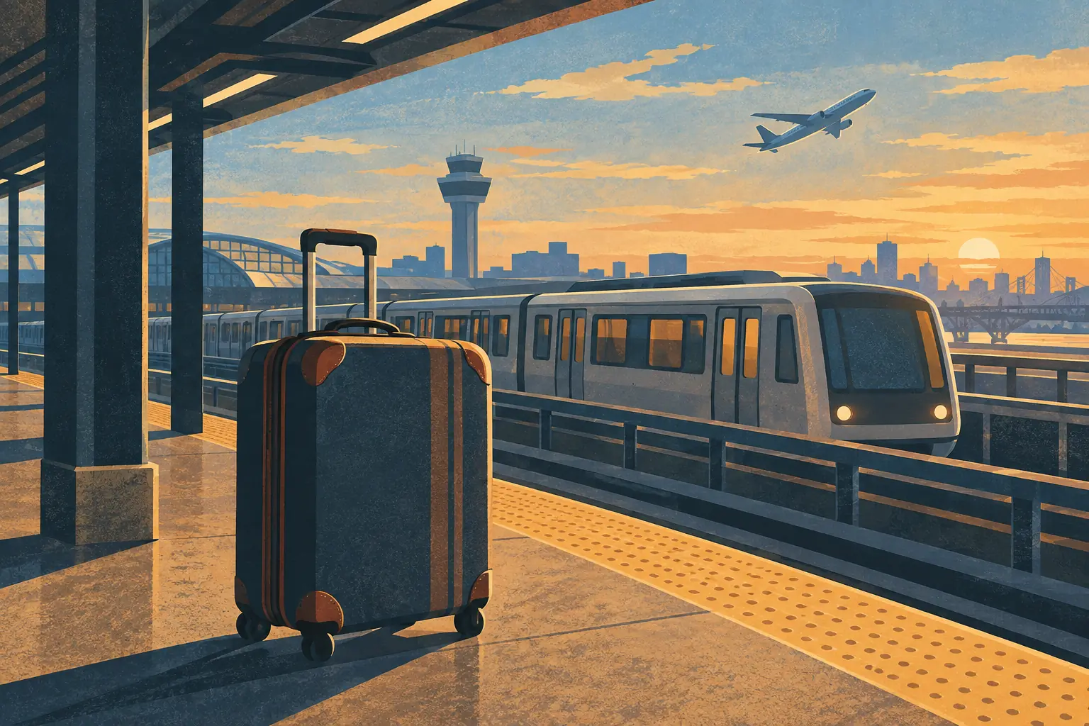 Una maleta con ruedas en un andén de aeropuerto, ante un tren, una torre de control, un avión y la ciudad al atardecer