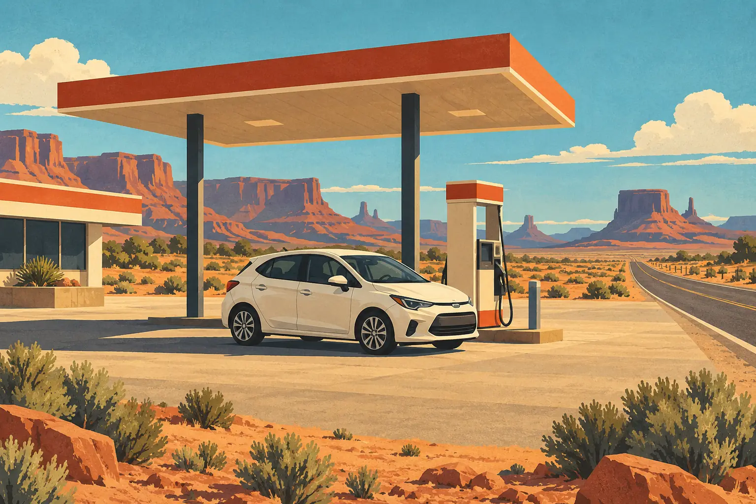 A white car parked at a gas pump beneath a canopy, with a highway and desert mesas stretching into the distance