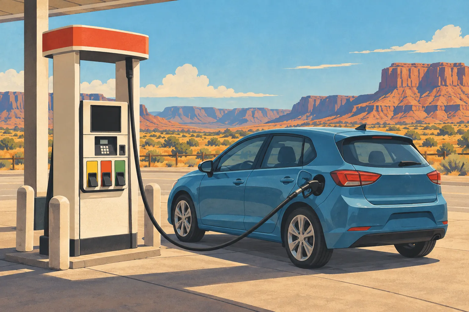 A blue car refuels at a gas pump beside a broad desert landscape of orange mesas beneath a clear blue sky
