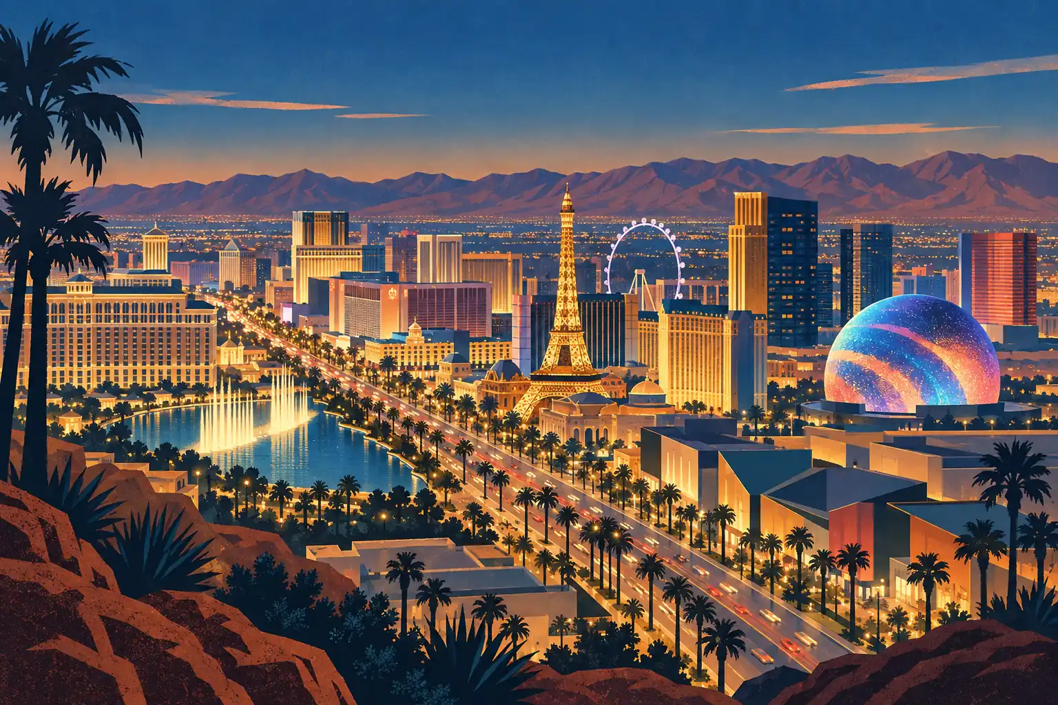 Panoramic view of the Las Vegas Strip at dusk, with illuminated hotels, the Eiffel Tower, Ferris wheel and sphere