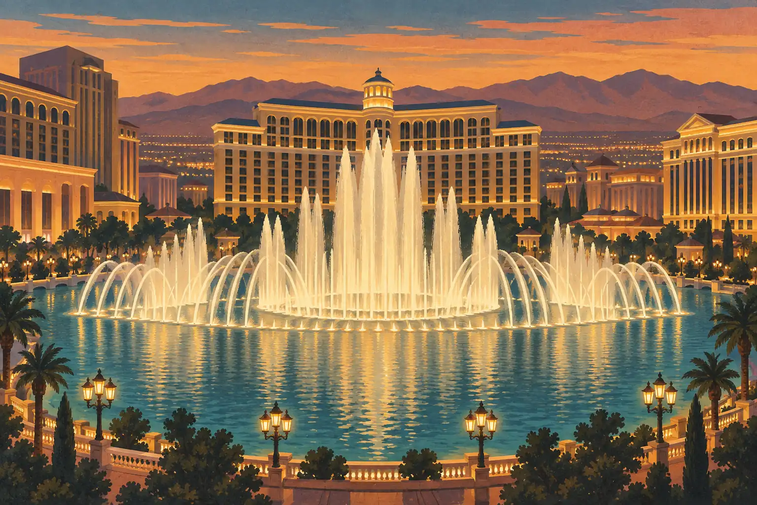 Illuminated fountains rising before a grand Las Vegas hotel, framed by palm trees and mountains at sunset