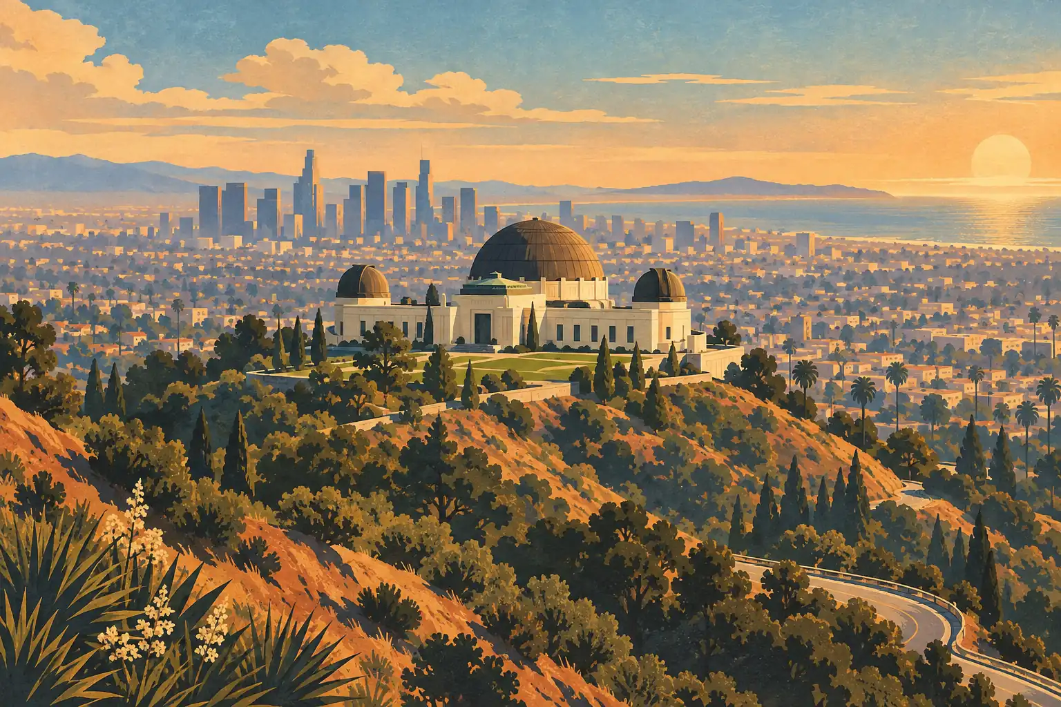 Griffith Observatory on a wooded hillside, overlooking the Los Angeles skyline, distant mountains and the setting sun