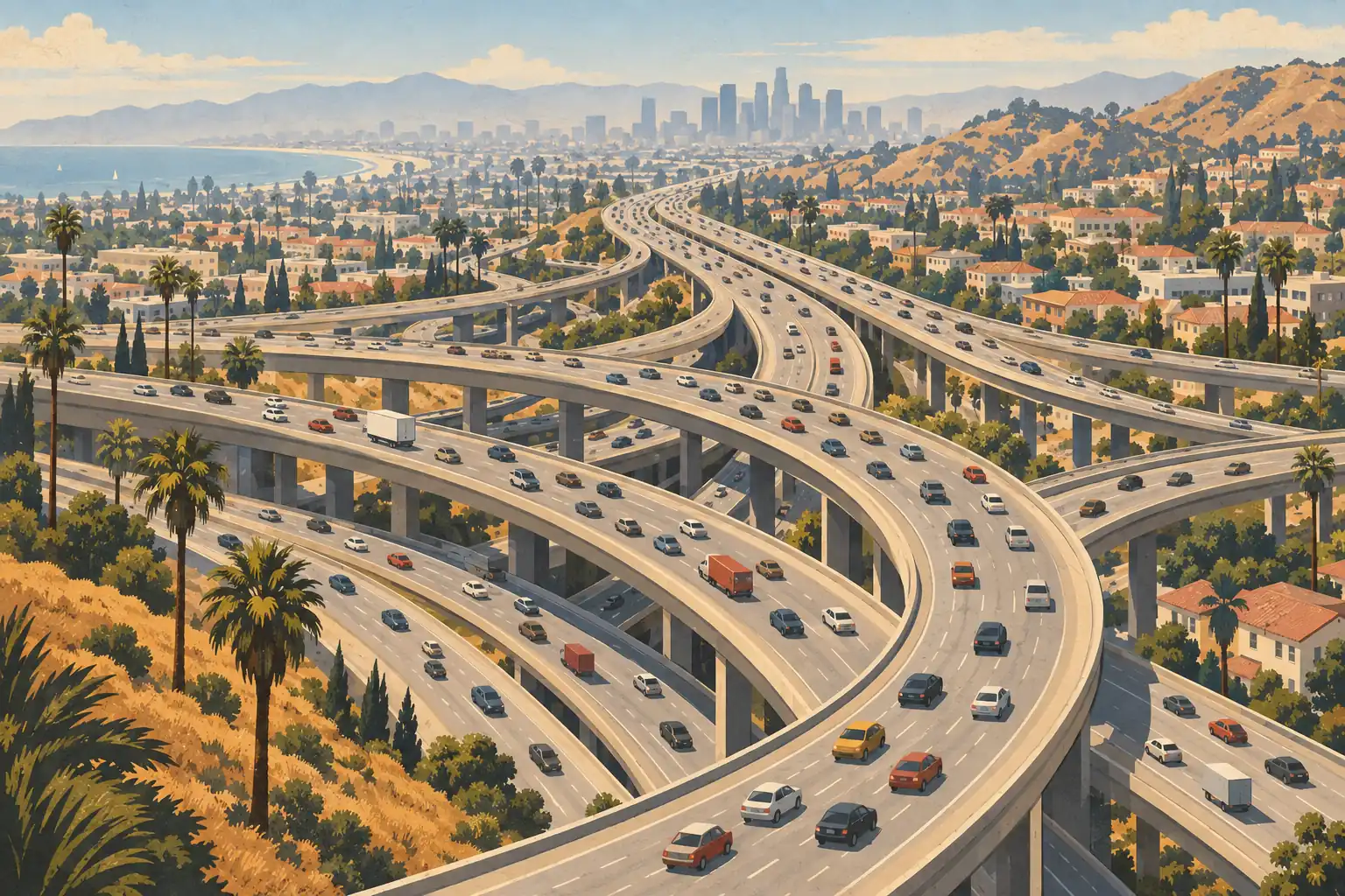Multi-level freeway interchange crossing Los Angeles, with cars, palm trees, hills, coastal water and downtown skyline