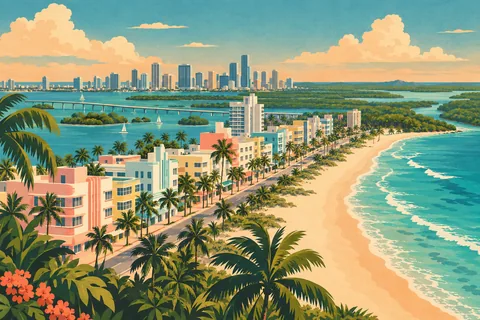 Aerial view of Miami Beach with pastel hotels, palm trees, sandy shore, turquoise sea, bridge and distant skyline