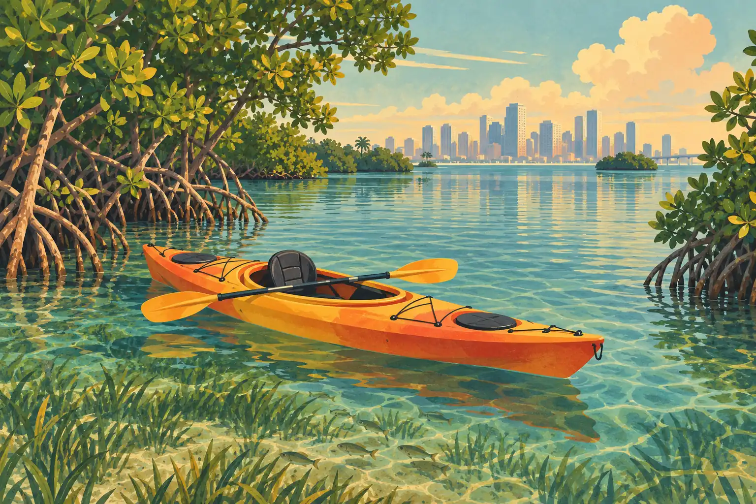 An orange kayak floats in clear water framed by mangroves, with the Miami skyline visible on the horizon
