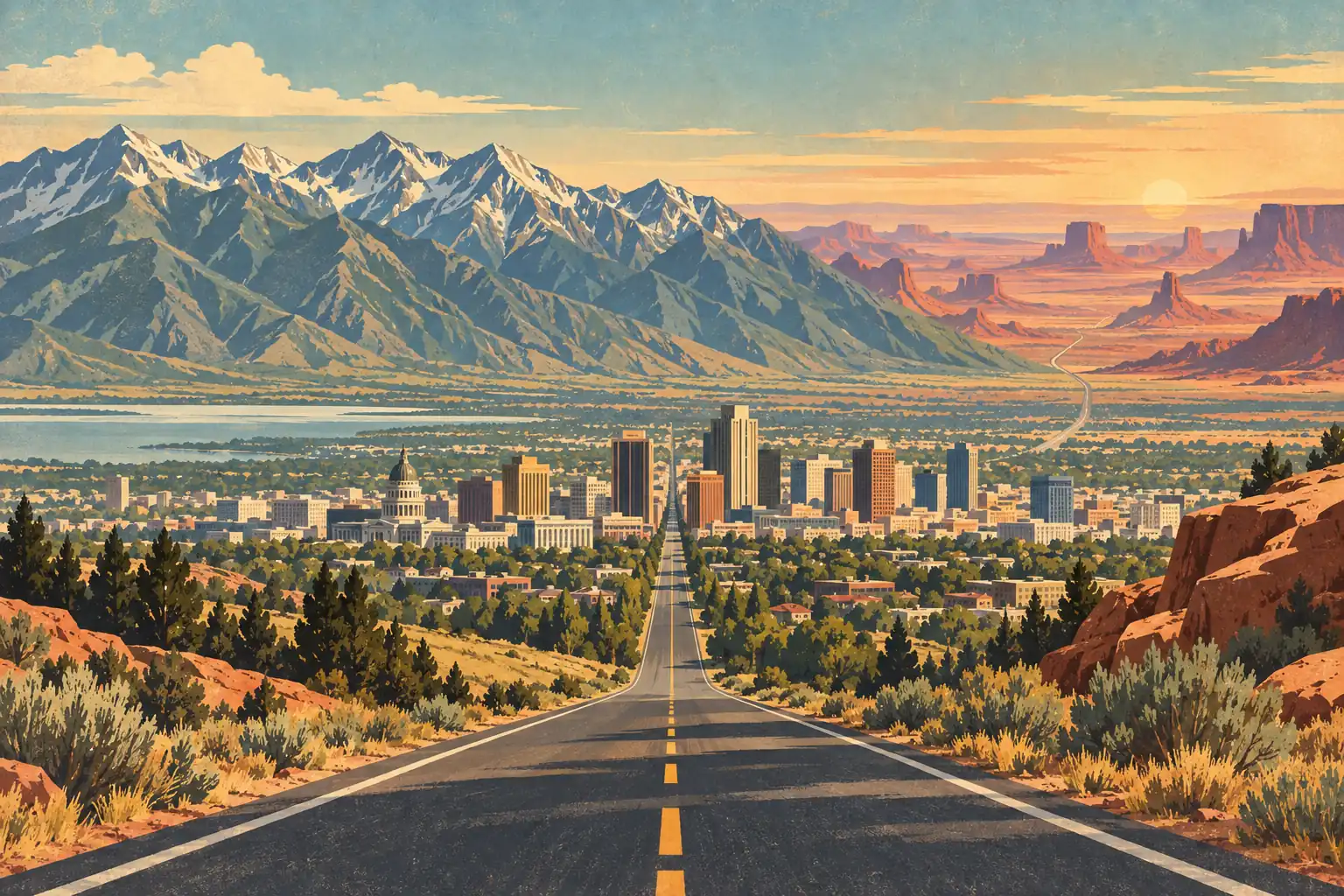 Route droite menant à Salt Lake City, avec le Capitole et les gratte-ciel devant un lac, des montagnes et des mesas