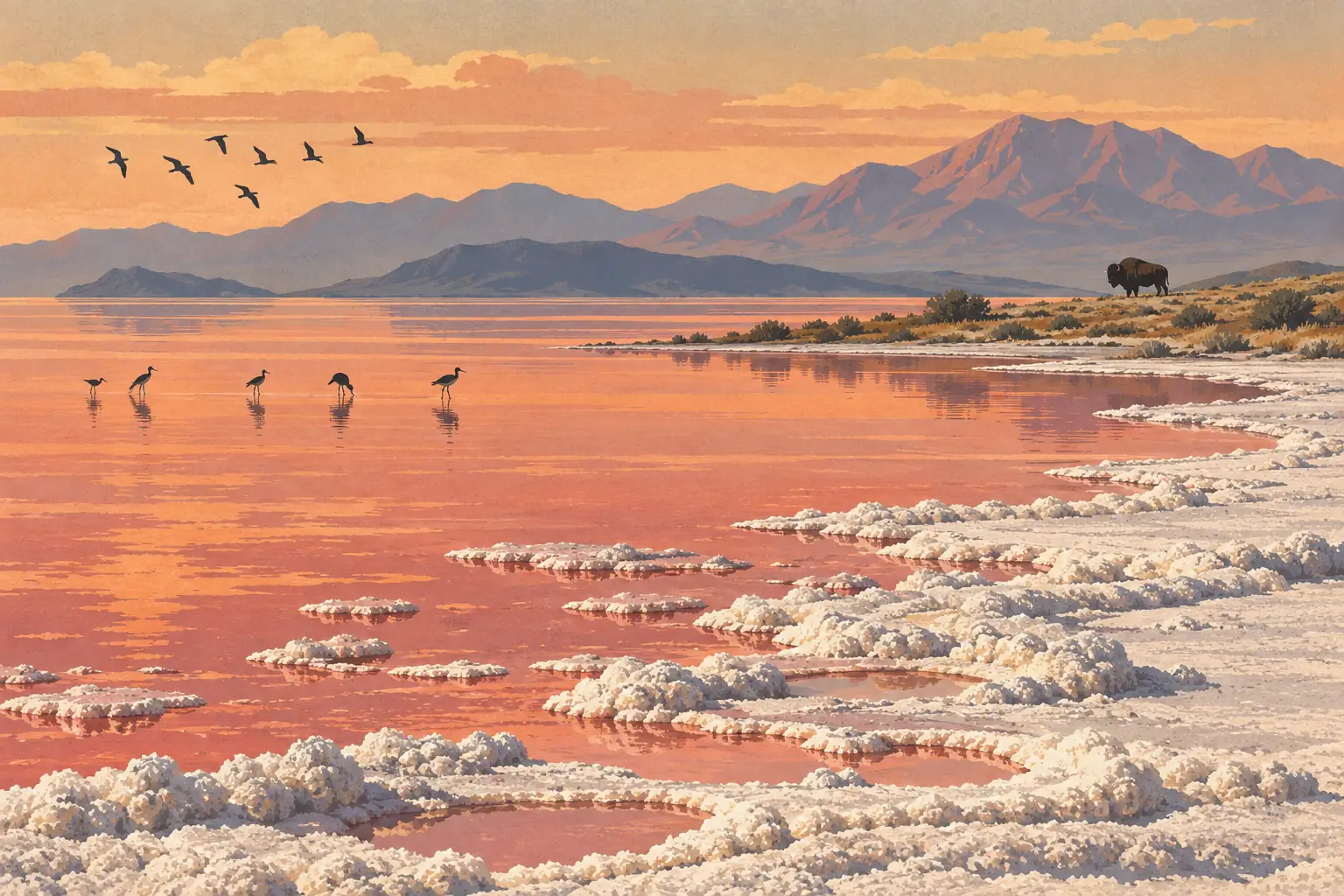 Lac salé aux eaux roses bordé de dépôts blancs, avec oiseaux échassiers, bison sur la rive et montagnes au loin