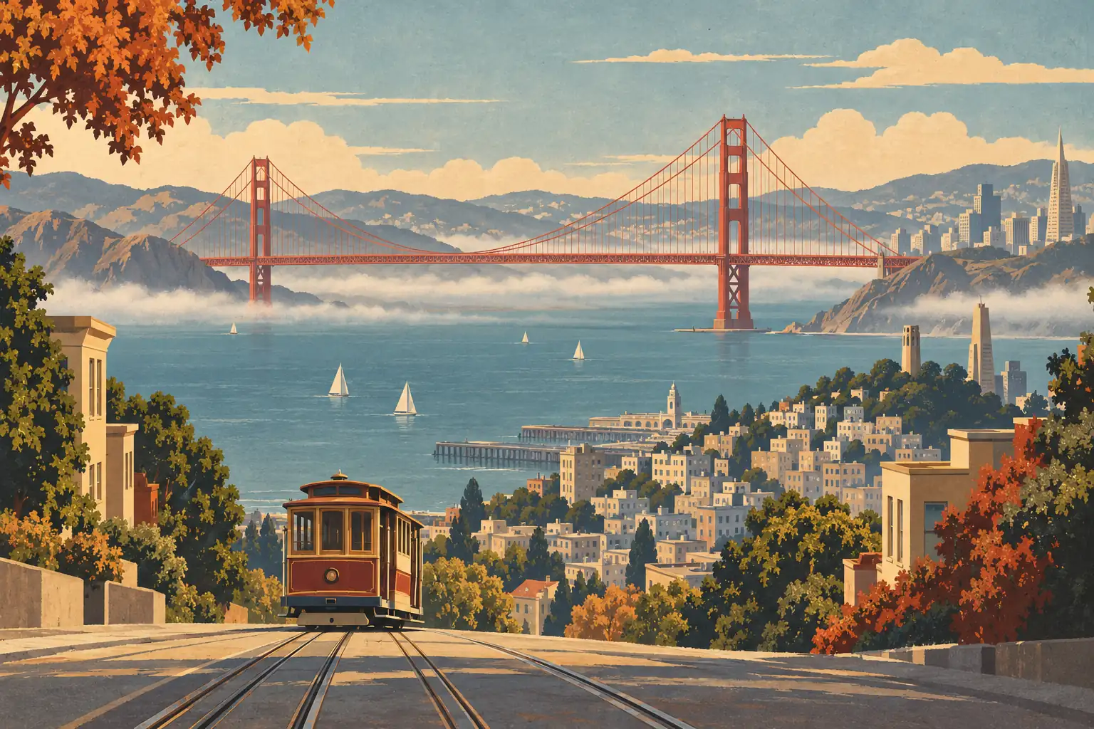 A red cable car descends a San Francisco street toward the bay, with the Golden Gate Bridge and skyline beyond