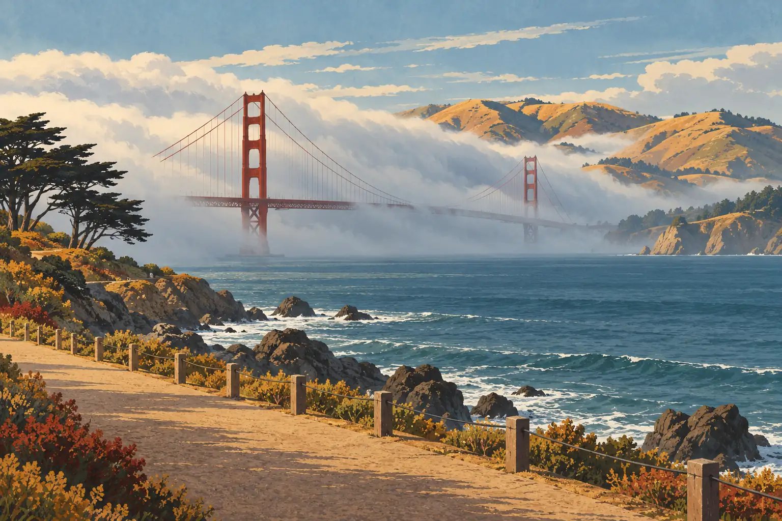 The Golden Gate Bridge crosses a bank of fog above choppy water, seen from a flower-lined coastal path