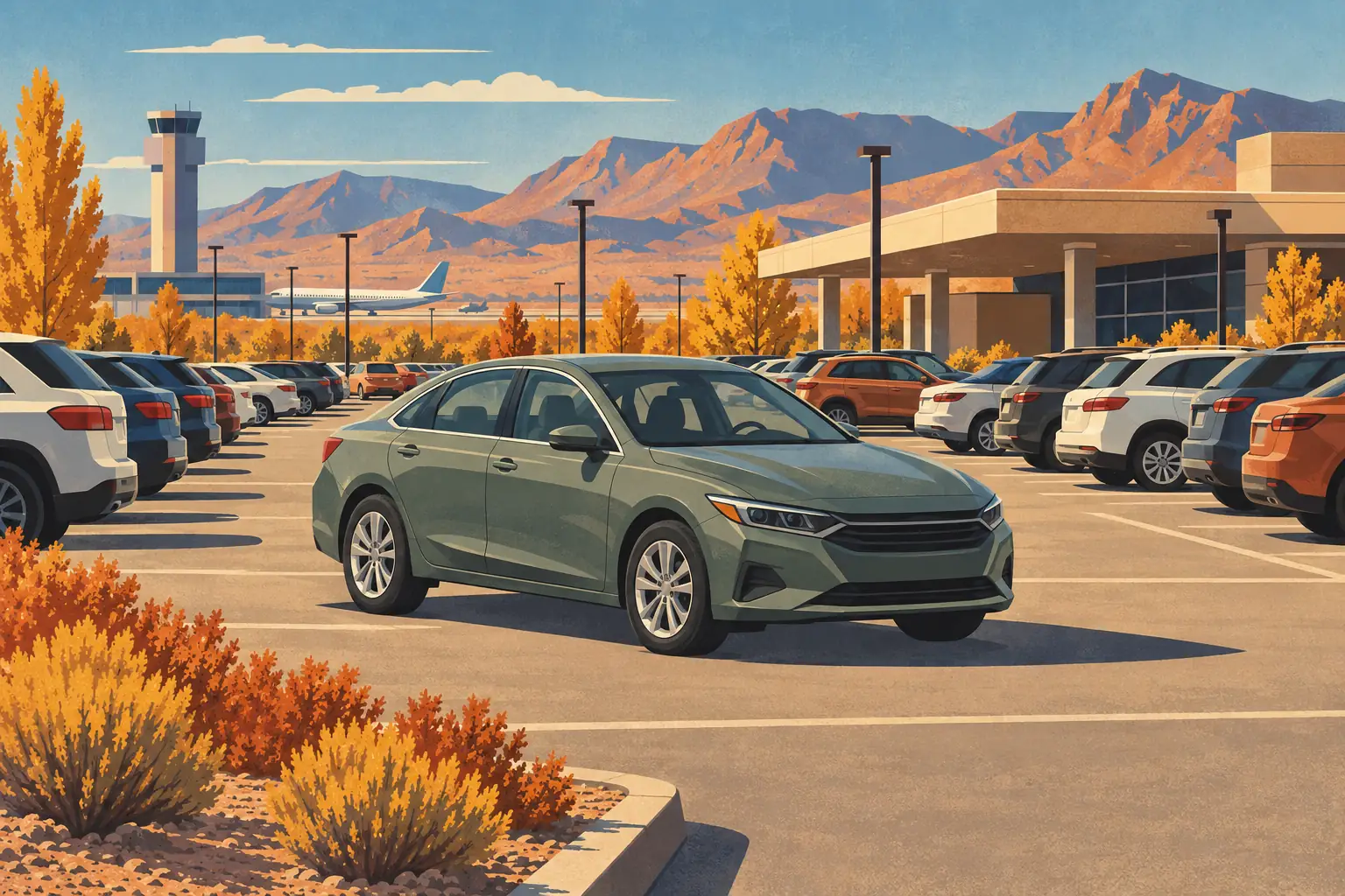 Green sedan in the foreground of an airport rental car lot, with parked vehicles, planes, a control tower and mountains