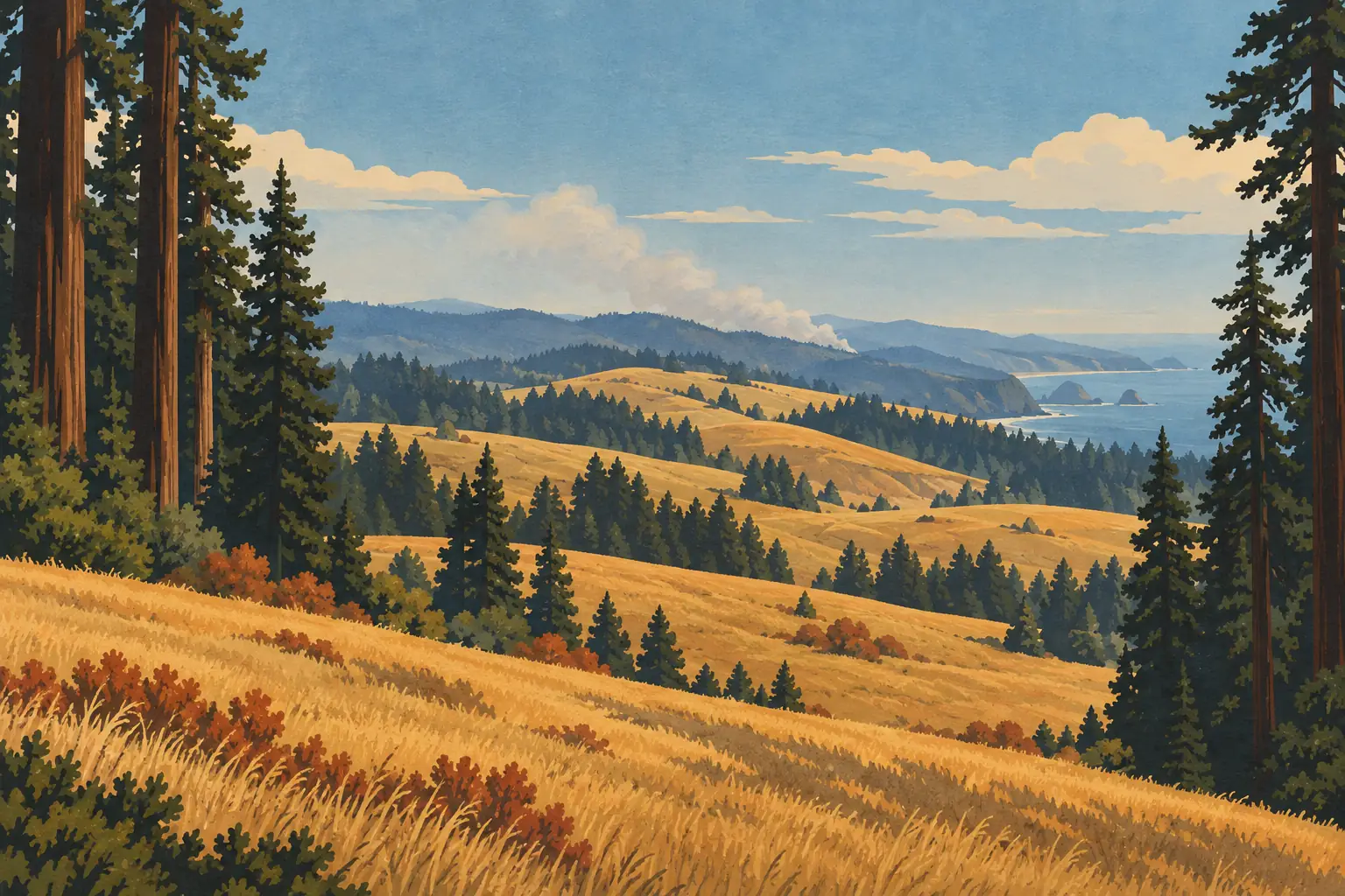 Golden hills dotted with conifers, framed by towering redwoods, with distant smoke and an ocean coastline