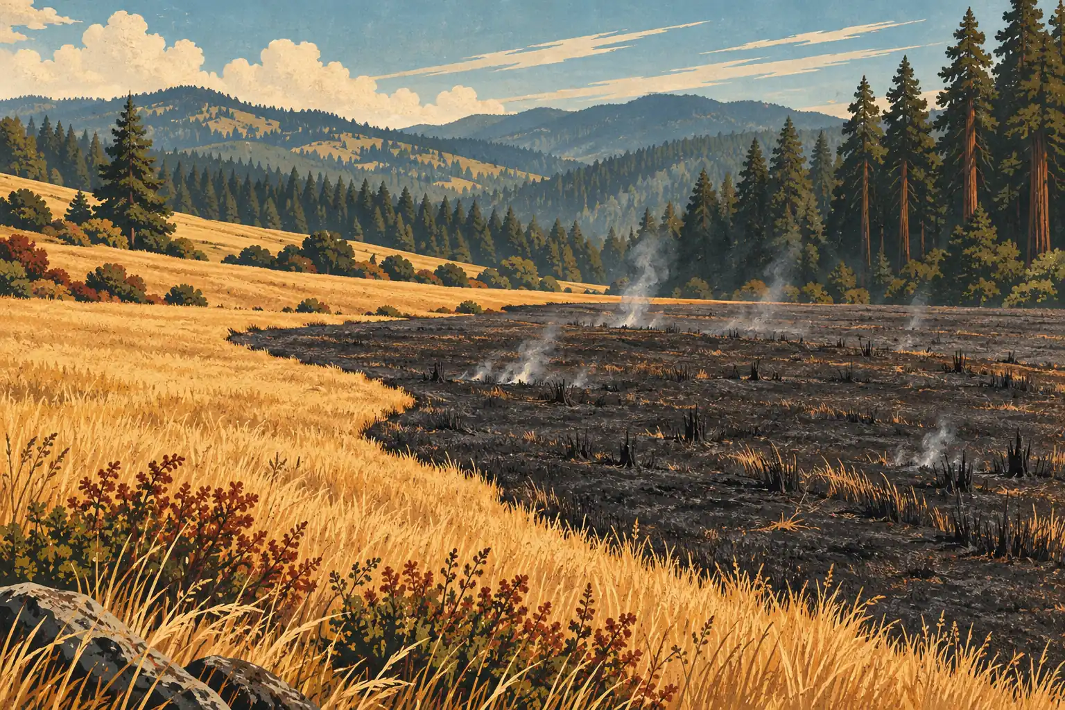 Golden grassland borders a vast blackened area still smoking, with conifer-covered hills rising beyond