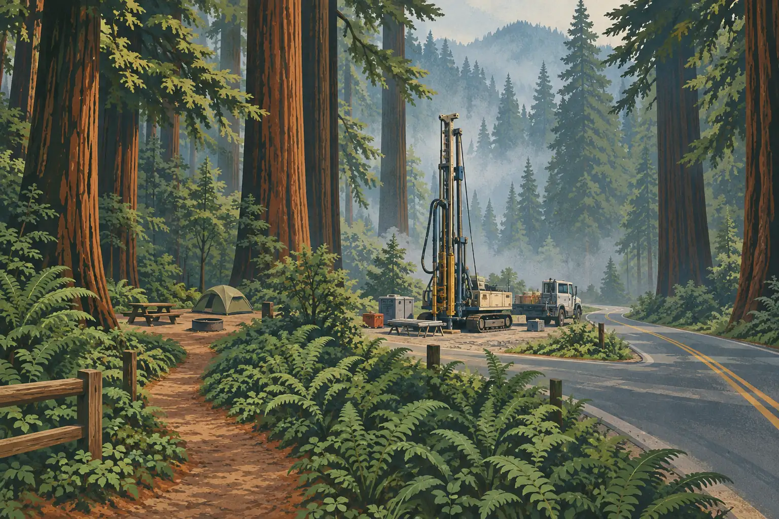 Drilling rig and truck beside a road among tall redwoods, with a tent, picnic table, forest trail and dense ferns