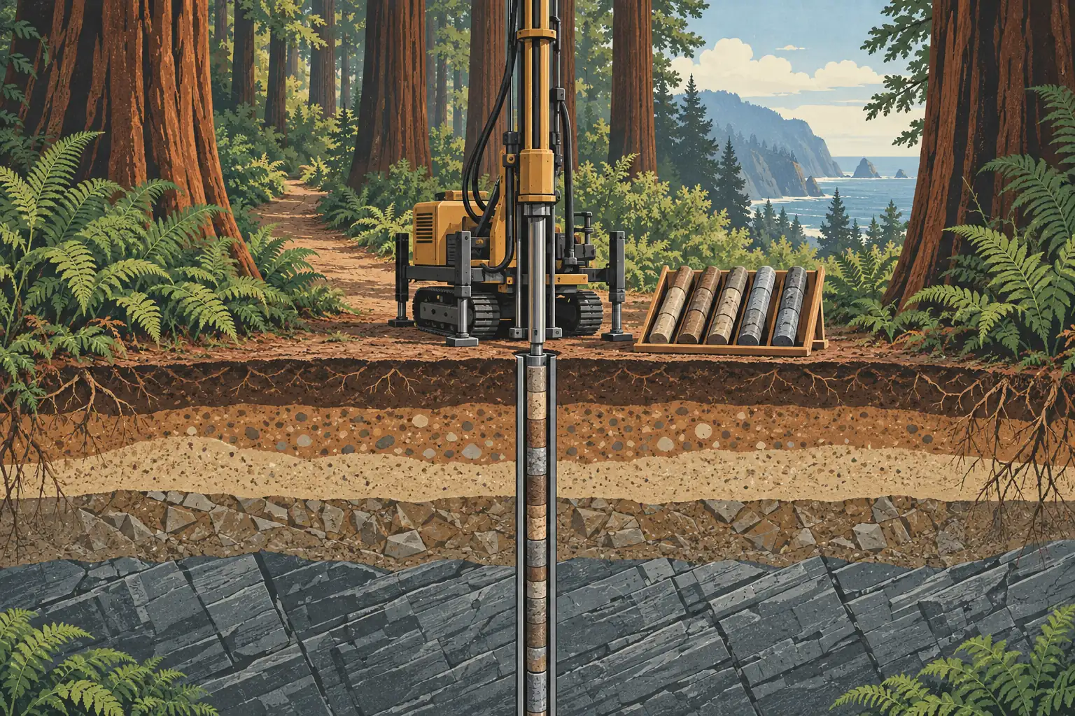 Geotechnical drill rig on a trail among redwoods, with soil cores and a cutaway view of underground layers