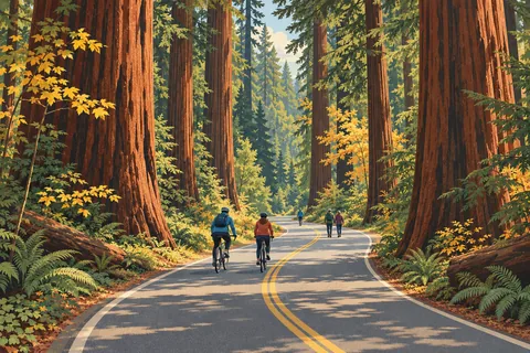 Two cyclists and four walkers travel along a winding road through towering redwoods, ferns, and autumn foliage