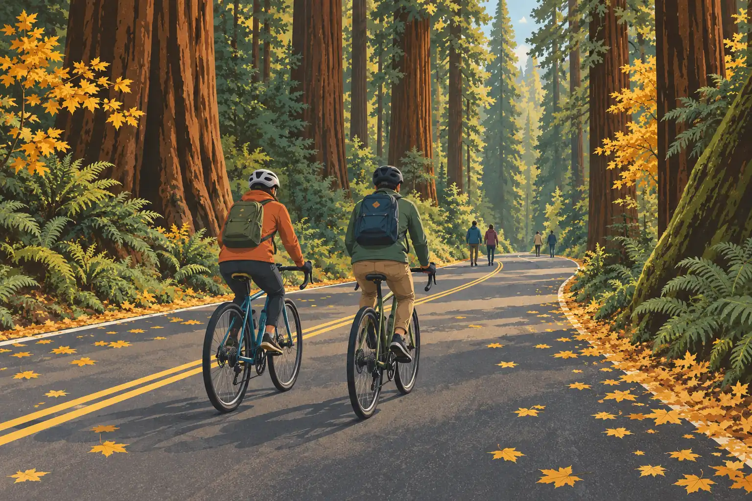 Two cyclists ride along a winding road among towering redwoods, while several pedestrians walk farther ahead