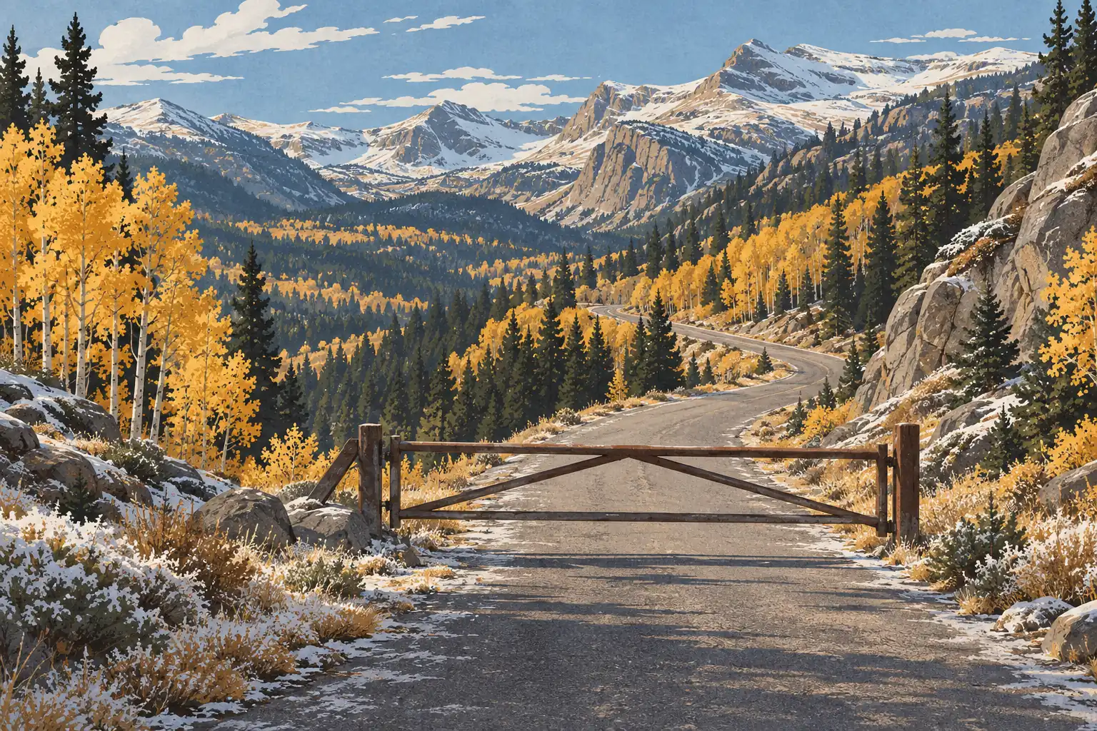 Wooden gate blocking a winding mountain road amid evergreens, golden aspens, rocky slopes, and snow-covered peaks