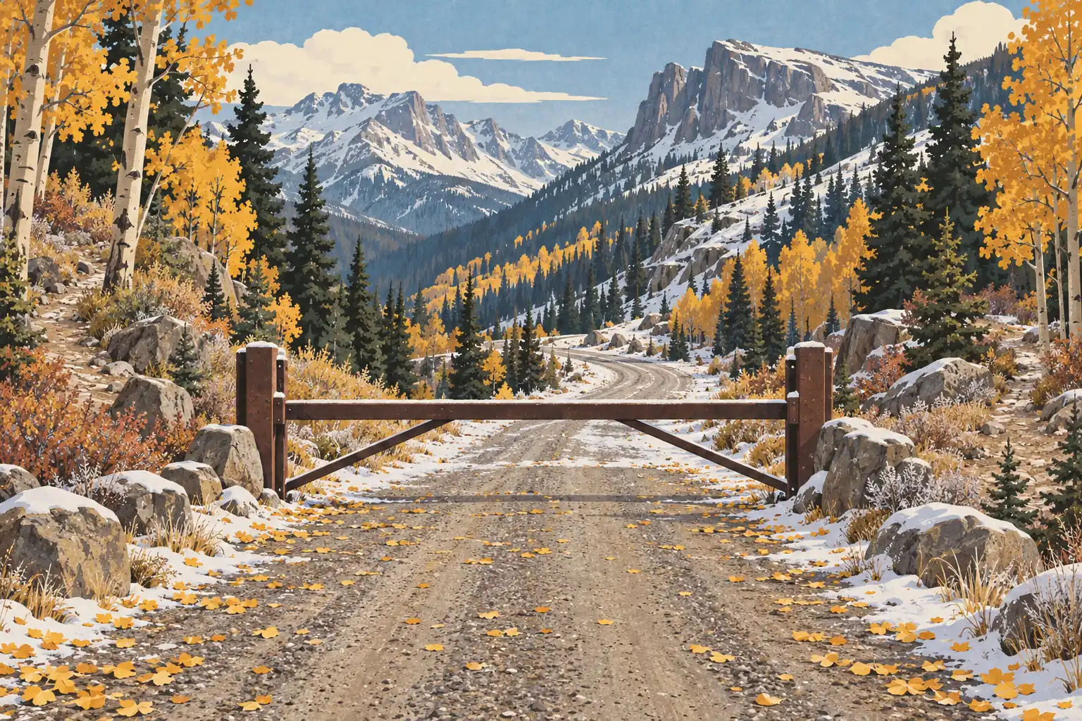 A wooden gate blocks a snow-dusted mountain road lined with golden aspens and fir trees beneath rugged peaks