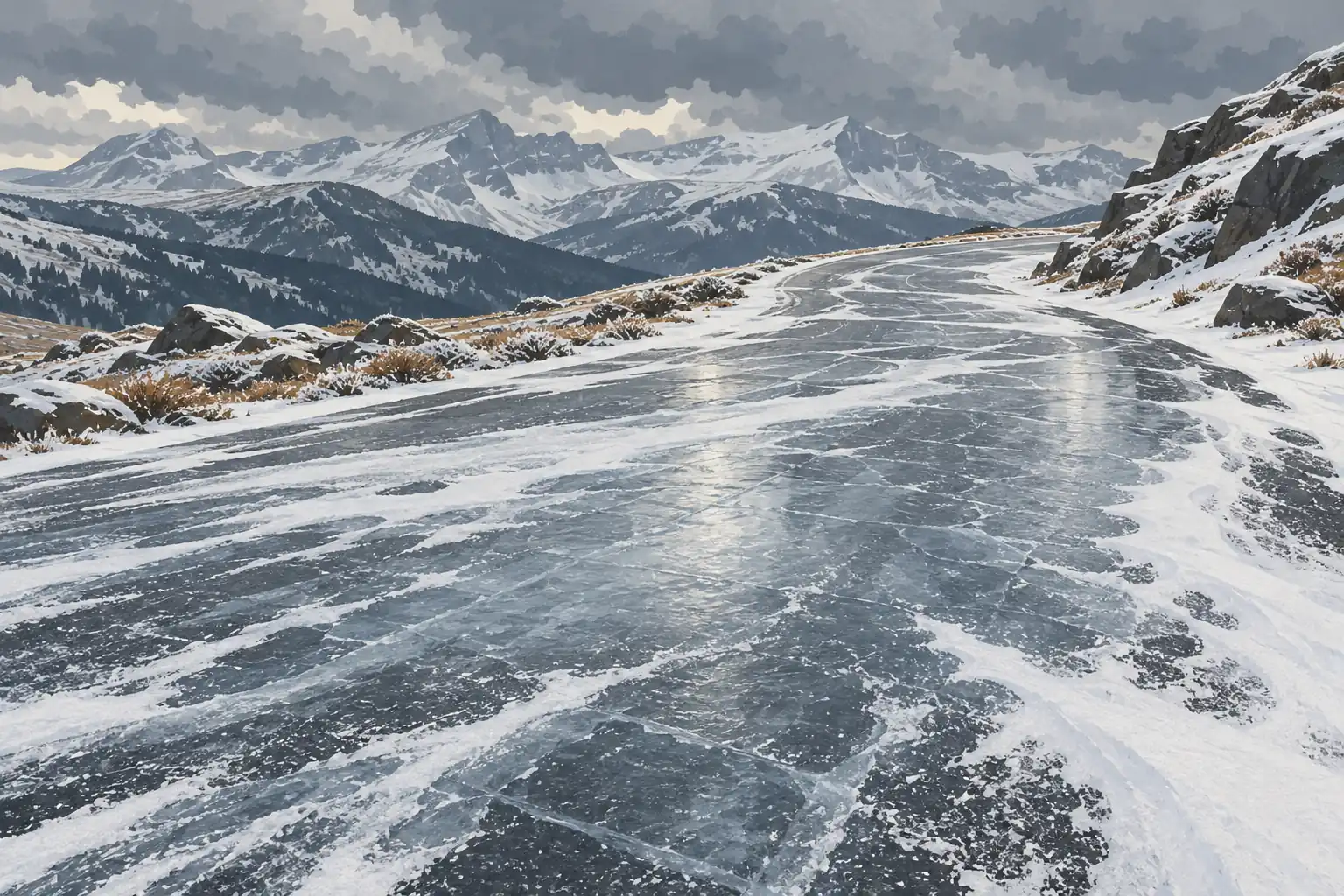 Route de montagne enneigée et verglacée serpentant entre des rochers, sous de hauts sommets et un ciel nuageux