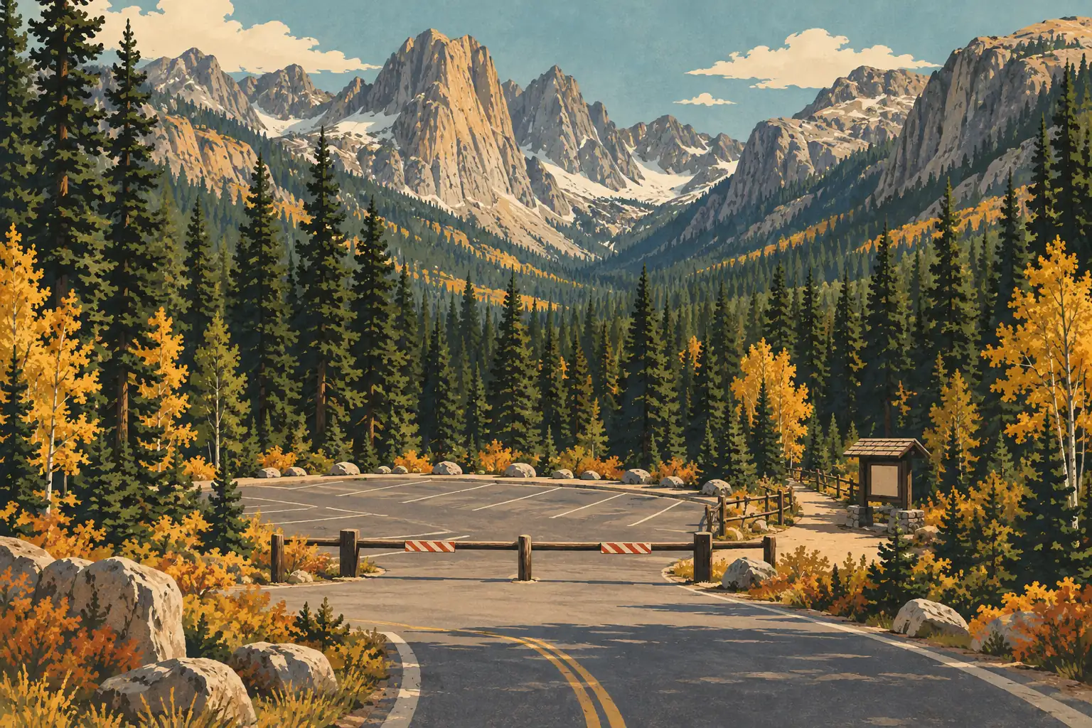 Route sinueuse menant à un parking vide, entouré de pins et de feuillages d’automne, face à de hauts sommets rocheux