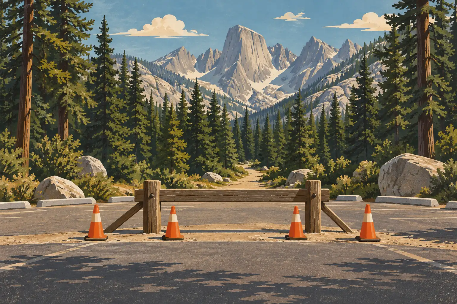 Parking fermé par une barrière en bois et quatre cônes, face à un sentier bordé de pins menant aux montagnes