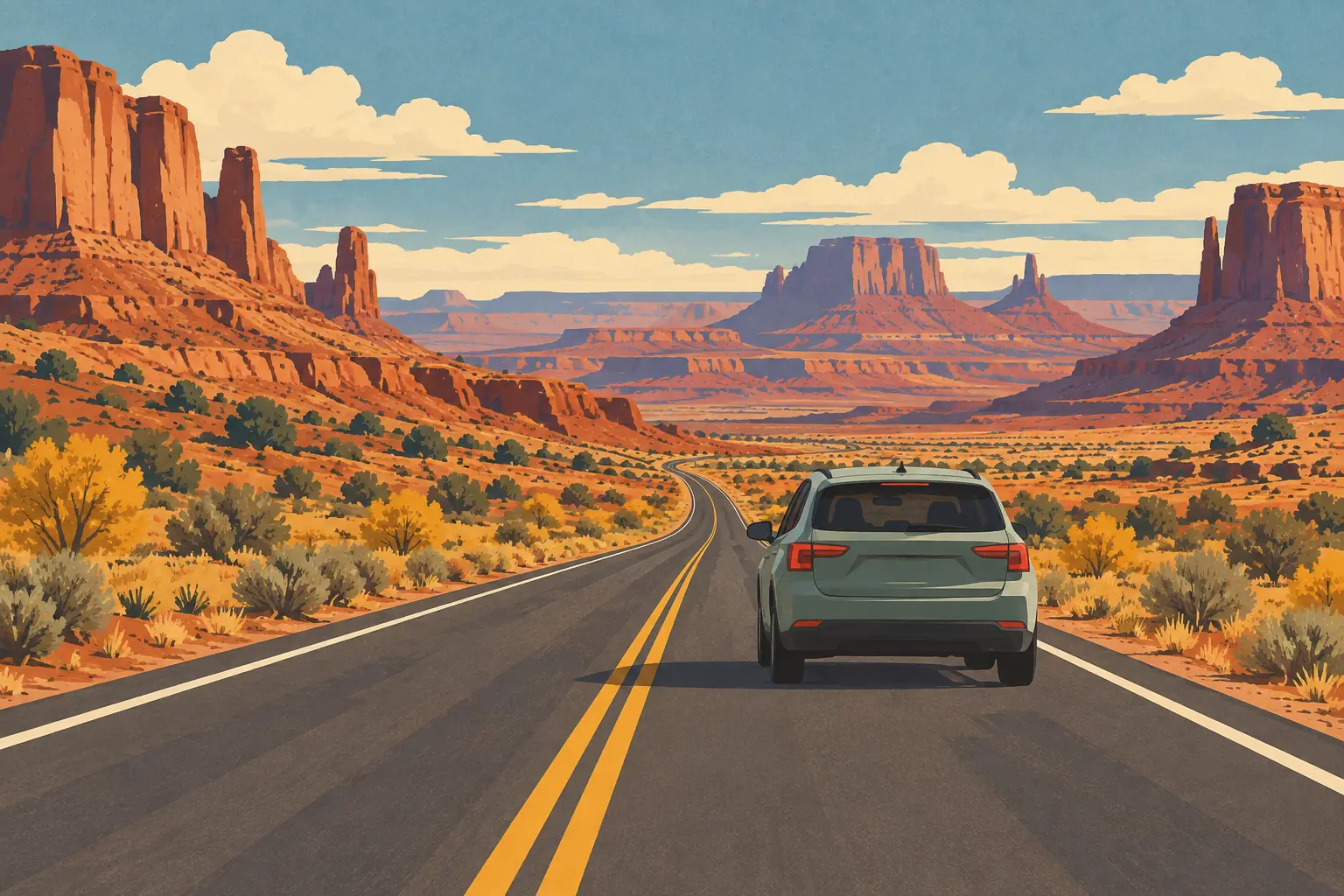 A car travels along a two-lane desert road, surrounded by golden shrubs and towering red rock formations