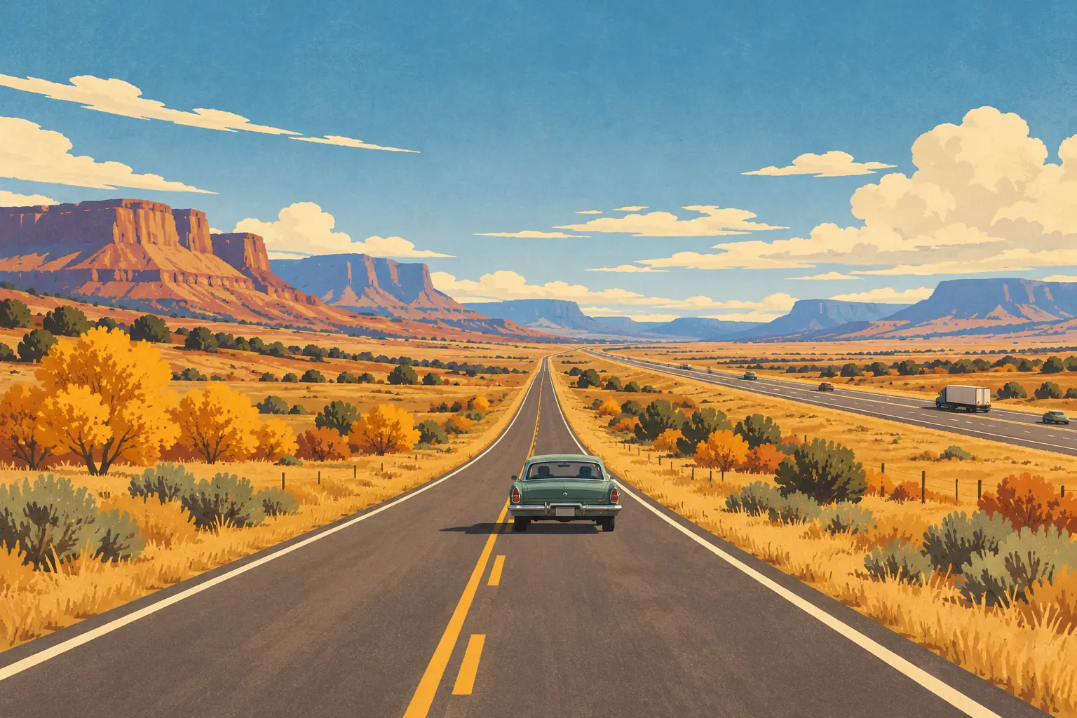 A vintage car travels along a straight road through a golden desert, with mesas, shrubs and clouds on the horizon