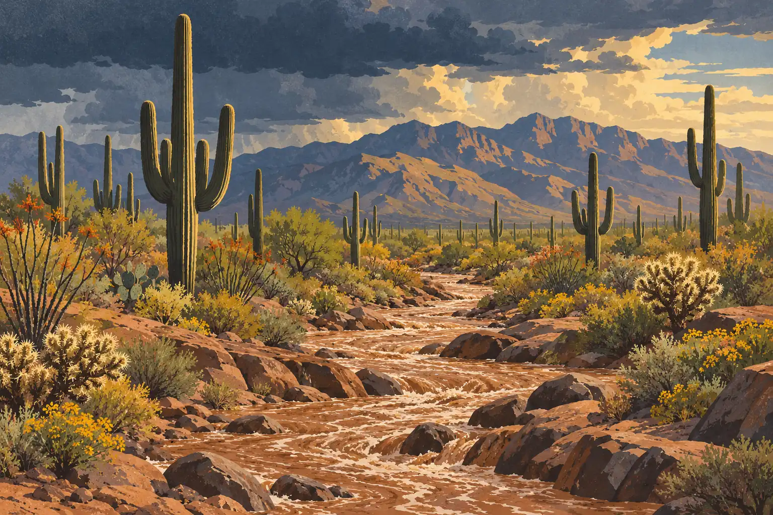 Muddy floodwater winding through rocks, saguaro cacti and desert flowers beneath heavy storm clouds
