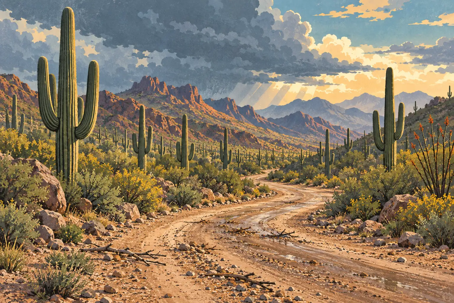 Route boueuse serpentant parmi les saguaros et les fleurs du désert, sous de sombres nuages d’orage et des montagnes éclairées