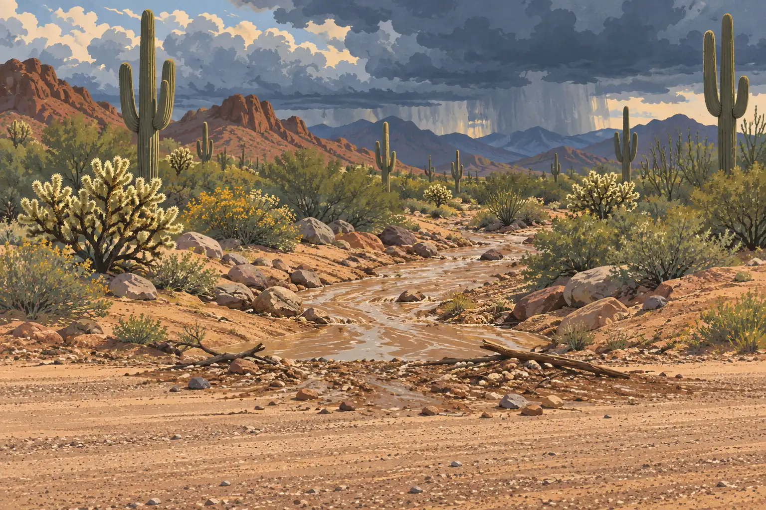 Des cactus saguaros bordent un cours d’eau boueux dans un désert rocheux, sous de sombres nuages d’orage et des pluies lointaines
