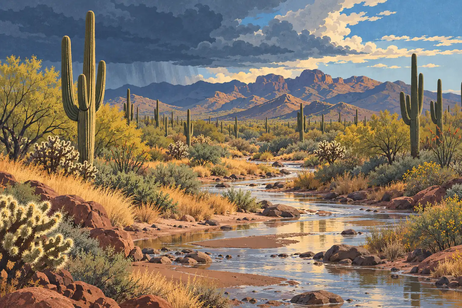 Saguaro cacti line a desert stream beneath dark storm clouds, with sunlit mountains rising in the distance