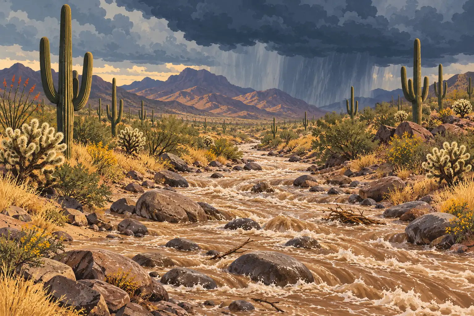 Muddy torrent rushing between rocks and saguaro cacti in the desert beneath dark storm clouds and a curtain of rain