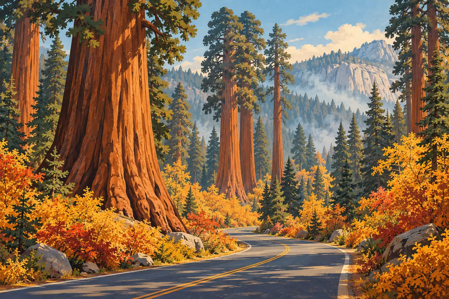 Route sinueuse traversant une forêt de séquoias géants aux couleurs d’automne, avec des falaises au loin