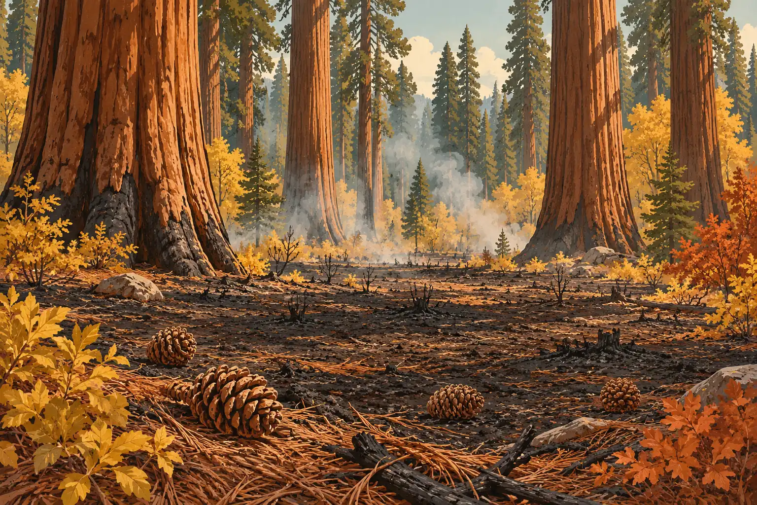 Sol forestier noirci avec pommes de pin au premier plan, séquoias géants, feuillage d’automne et fumée légère