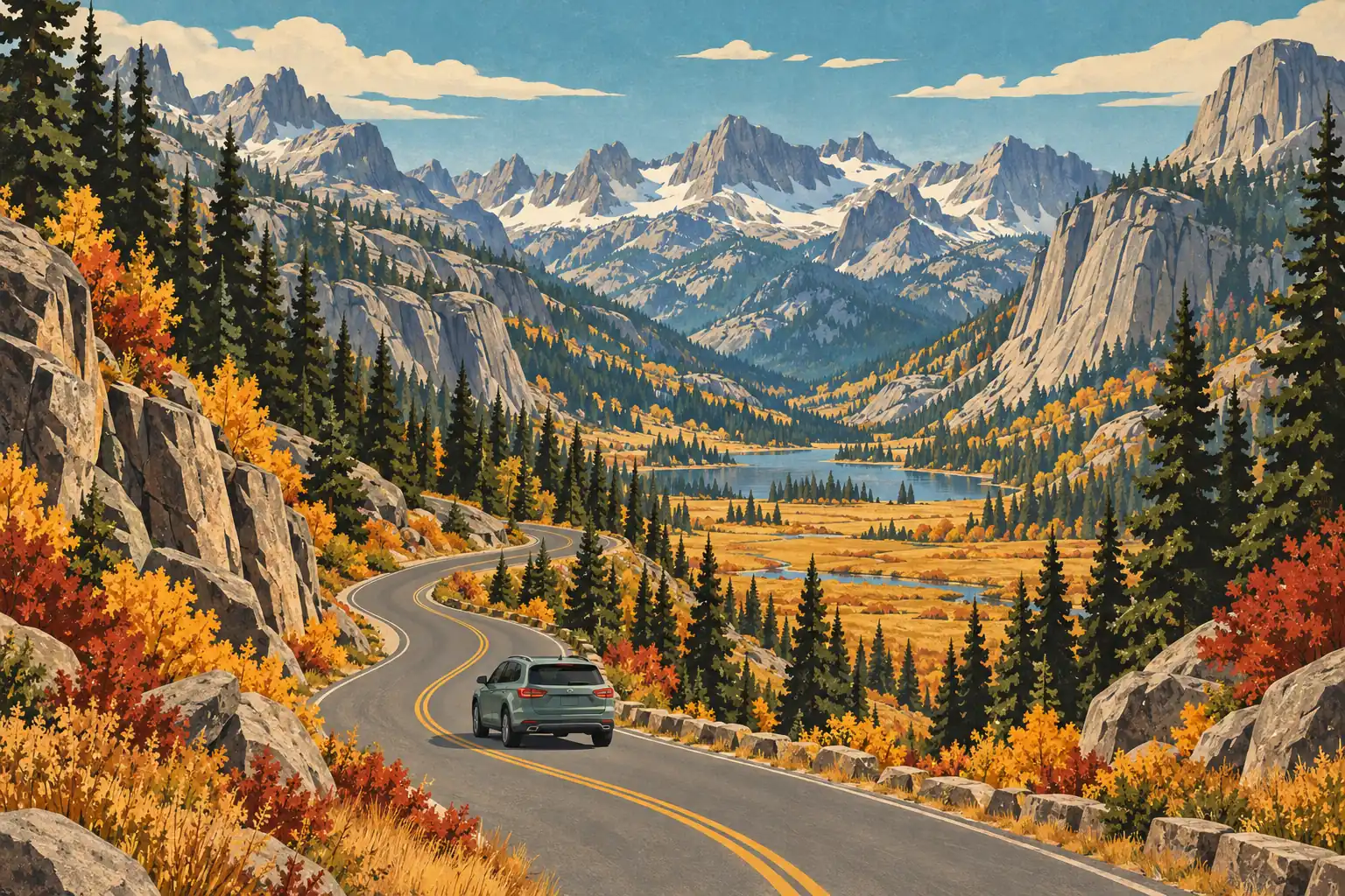 Route sinueuse dans une vallée en automne, avec une voiture, un lac, des pins et de hauts sommets enneigés