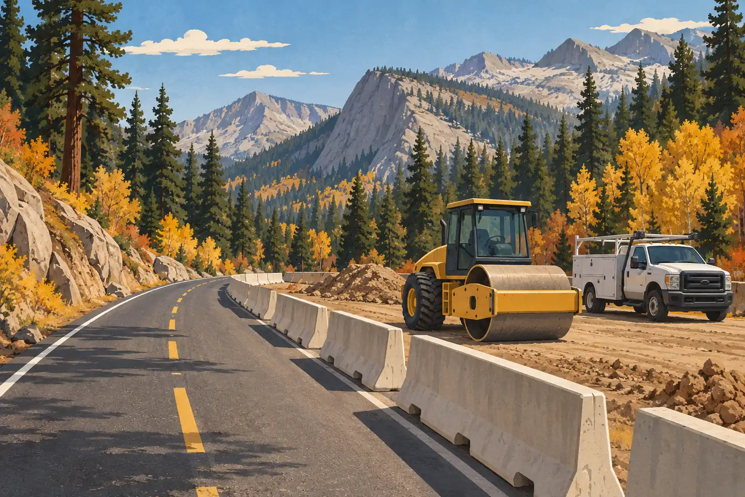 Route de montagne en travaux, bordée de barrières en béton, avec rouleau compresseur et camion parmi les conifères