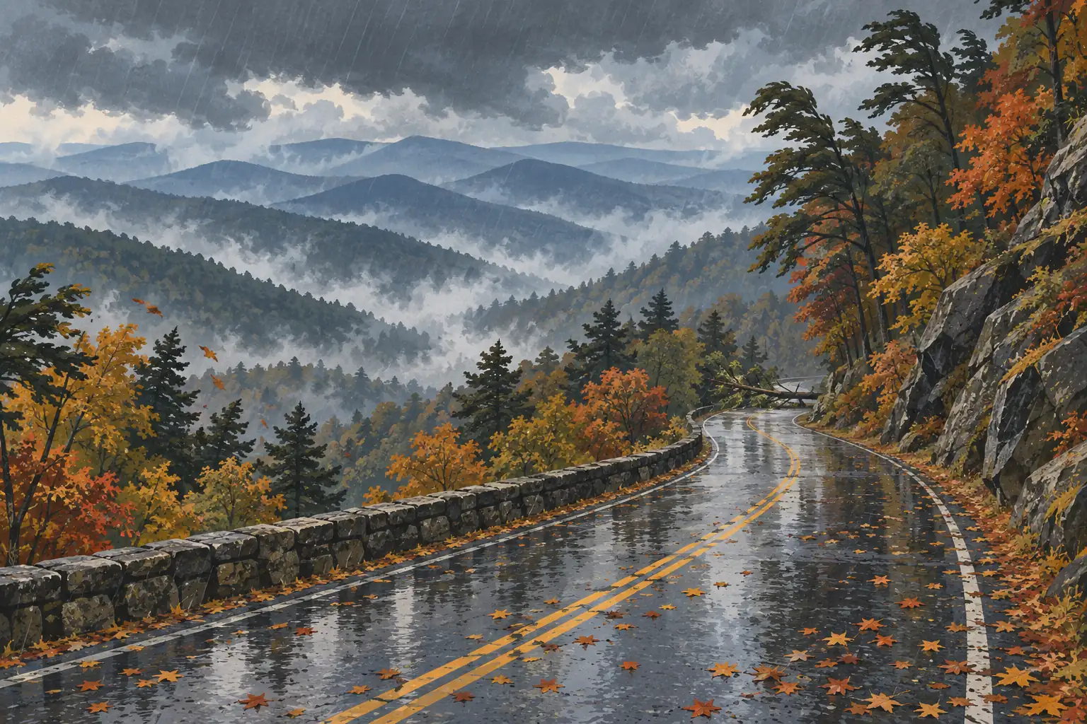 Rain-soaked mountain road winding through autumn trees, with misty ridges beyond and a fallen tree blocking the road ahead