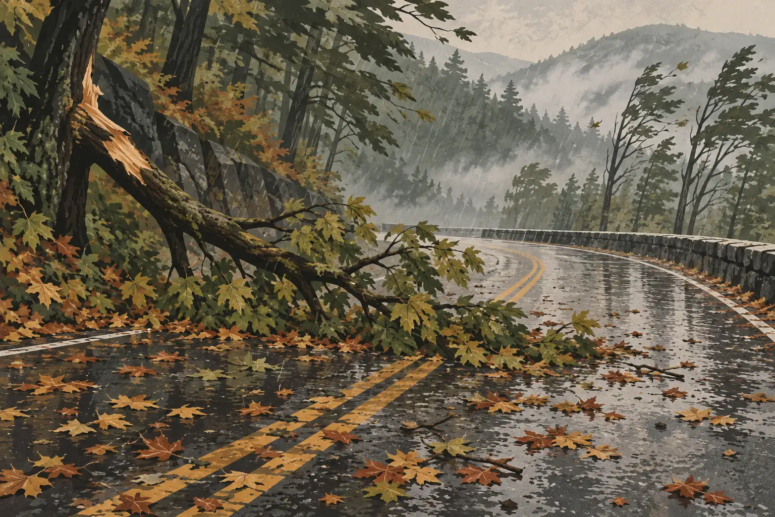A large fallen tree blocks a rain-soaked mountain road as wind bends the trees and autumn leaves cover the pavement