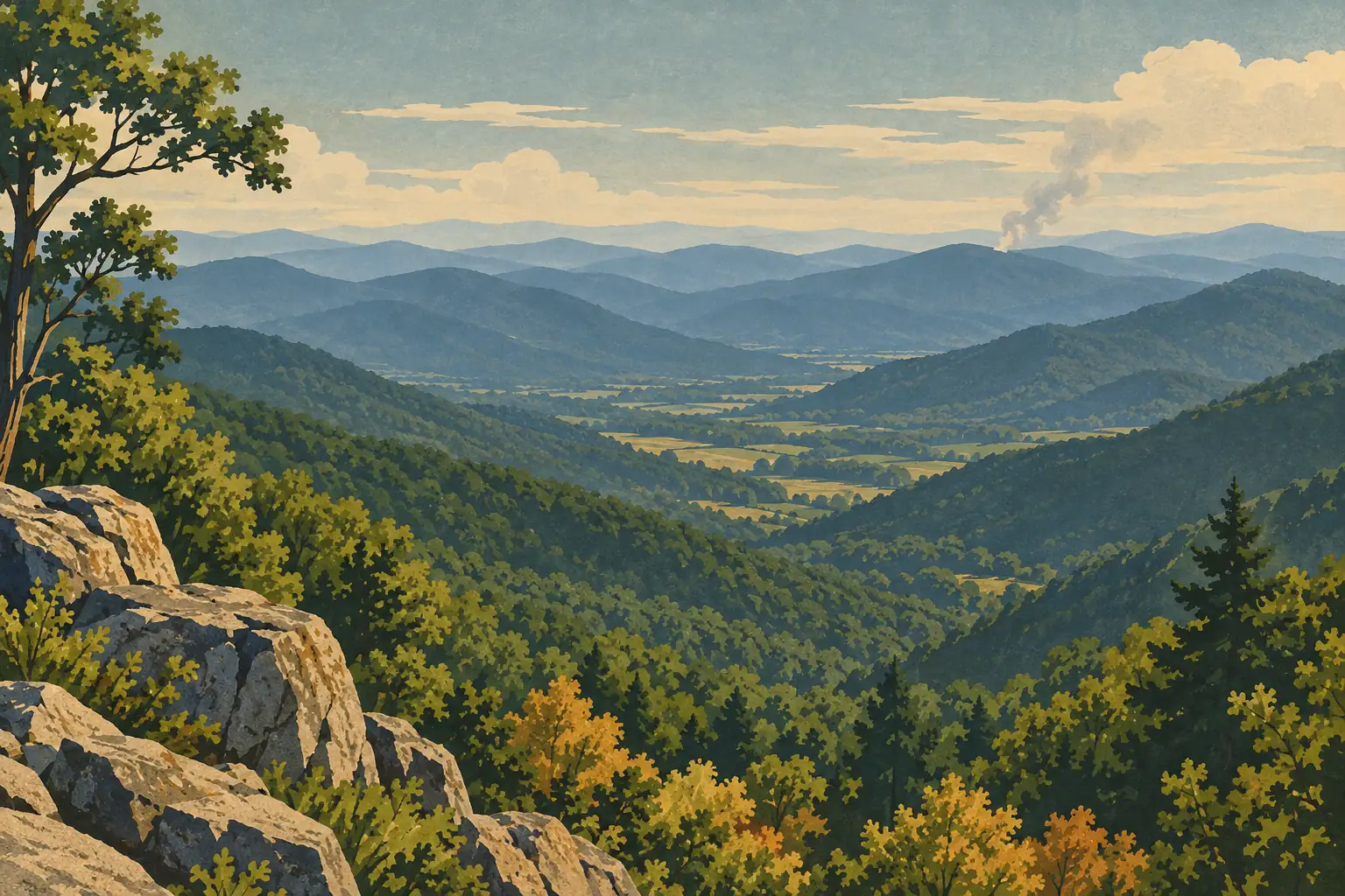 Forested Blue Ridge valley seen from rocky cliffs, with layered mountain ridges and a plume of smoke in the distance