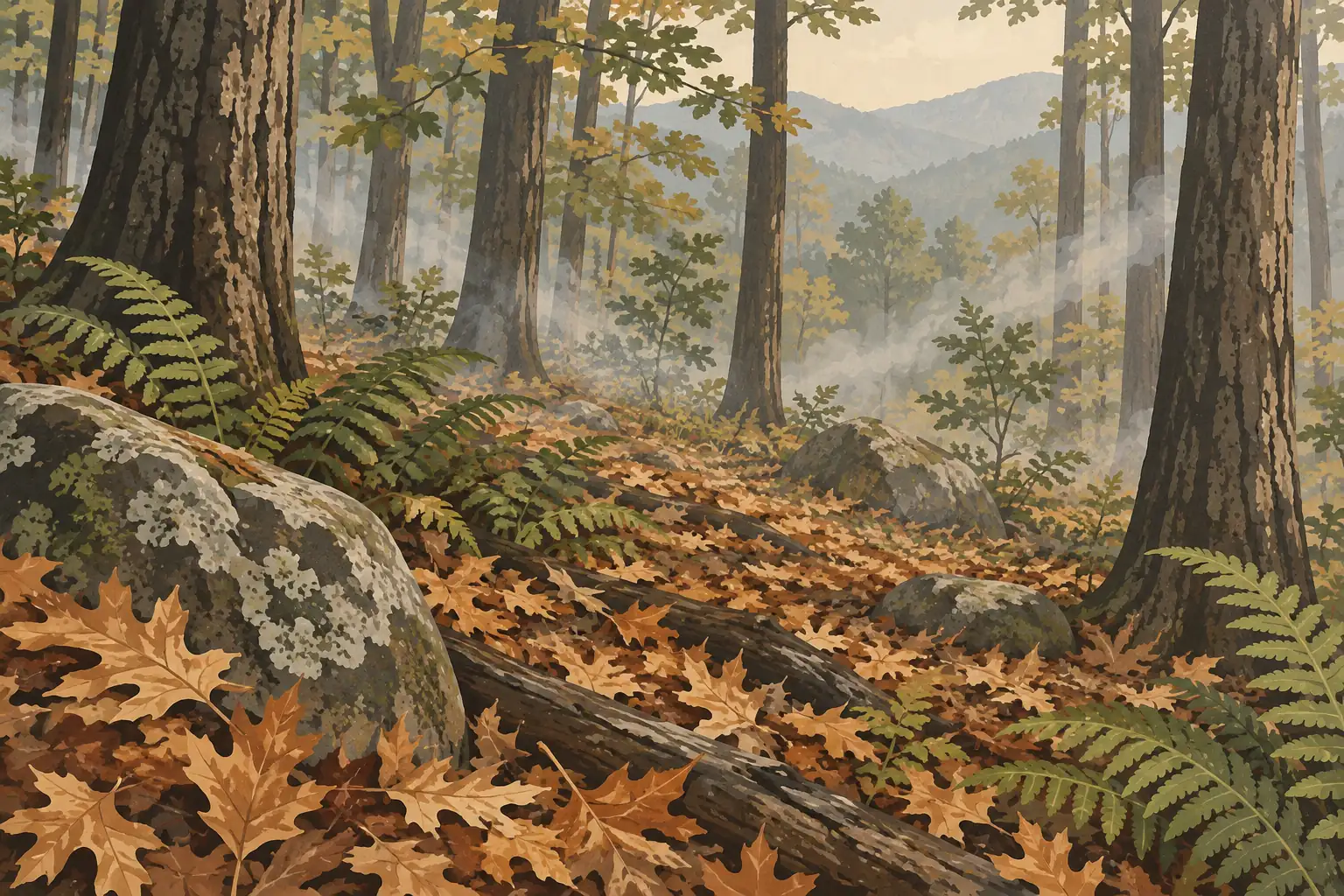 Autumn forest floor covered in leaves, with ferns, rocks, fallen logs, tall trunks and mist among the trees