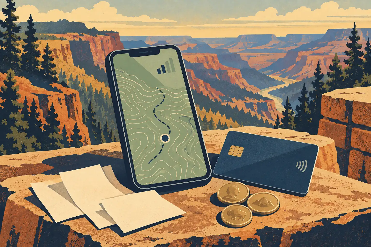 Handy mit Kartenanzeige neben Bankkarte, Belegen und Münzen auf einem Felsen vor einer weiten bewaldeten Schlucht